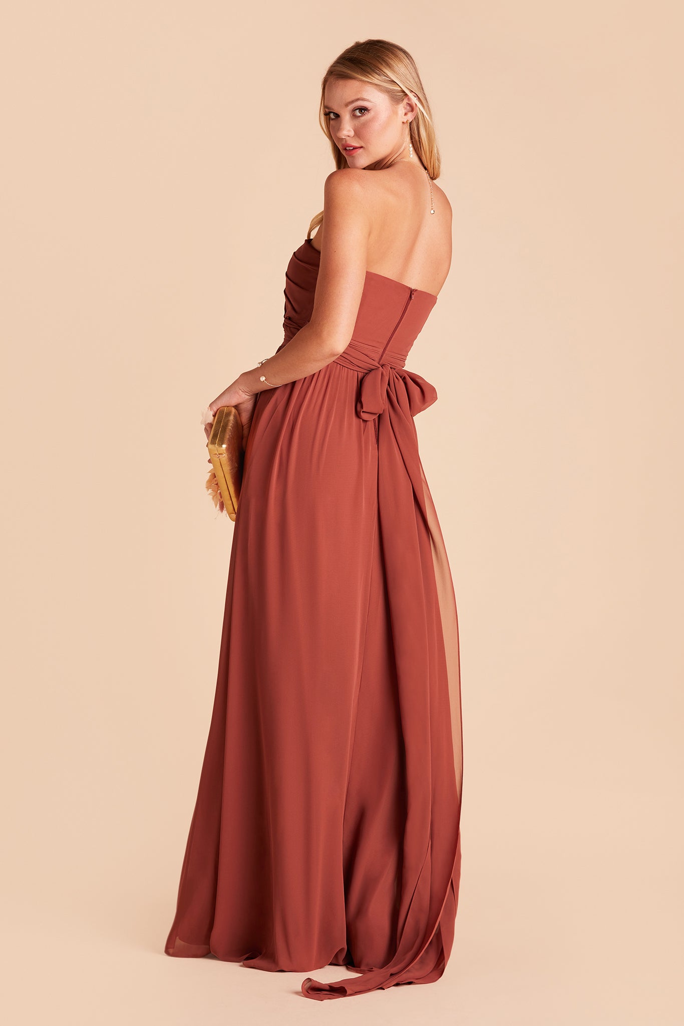 Grace convertible bridesmaid dress with slit in spice chiffon by Birdy Grey, back-side view