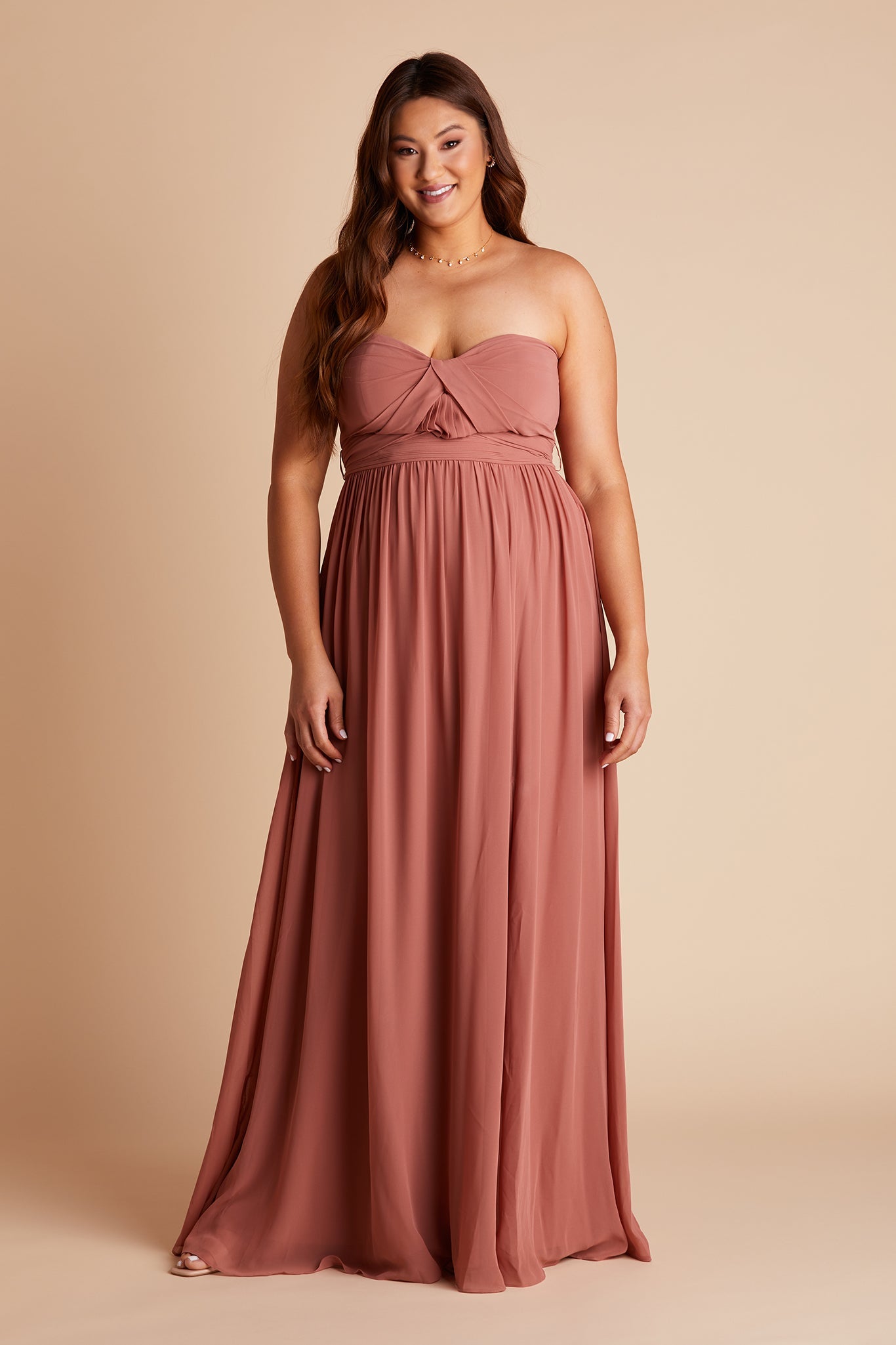 Grace convertible plus size bridesmaid dress in desert rose chiffon by Birdy Grey, front view