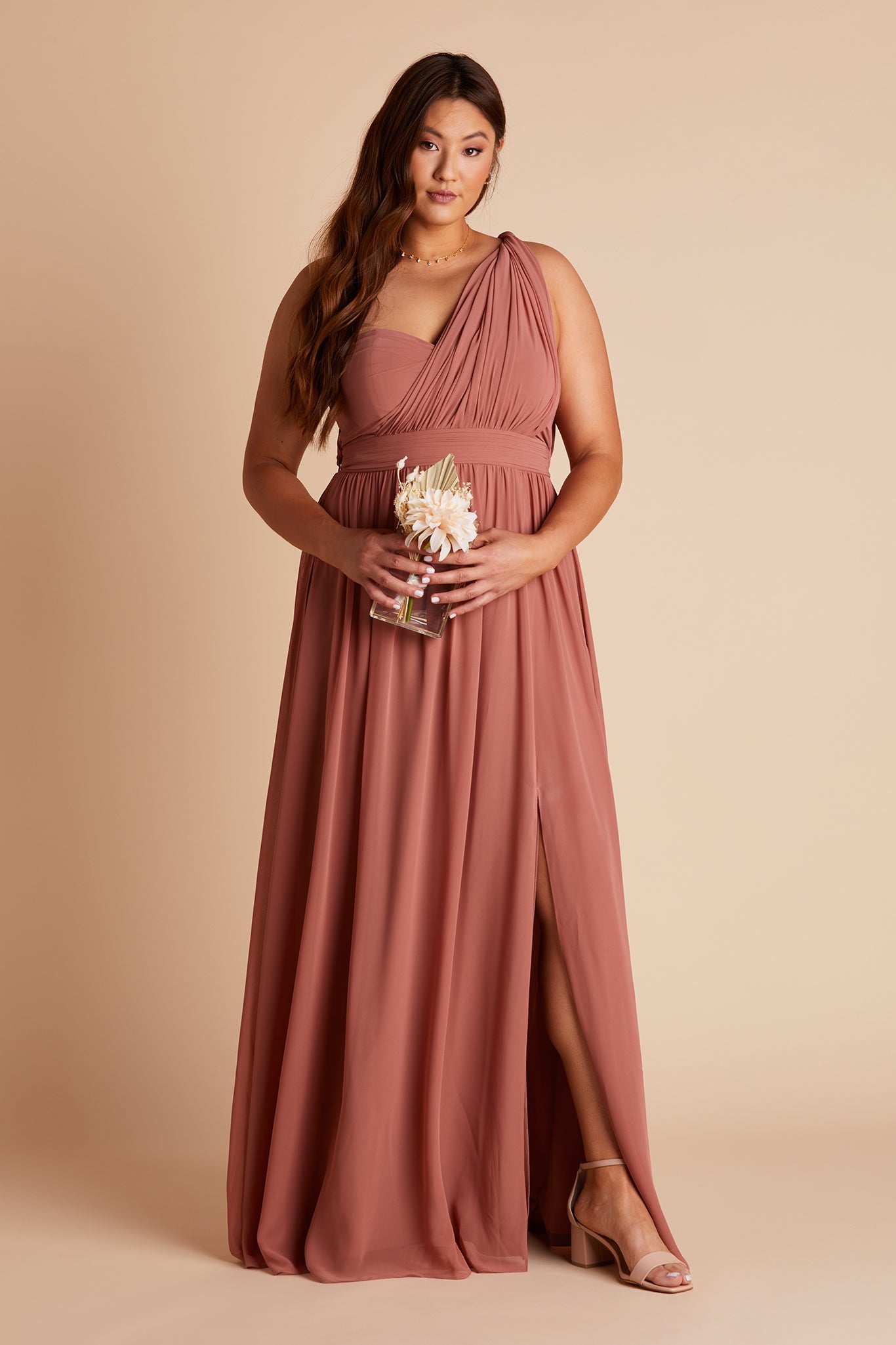 Grace convertible plus size bridesmaid dress with slit in desert rose chiffon by Birdy Grey, front view
