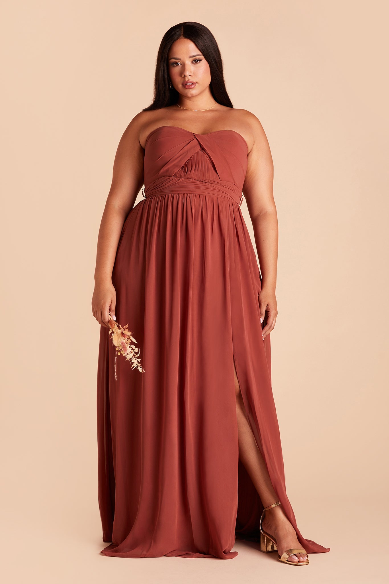 Grace convertible plus size bridesmaid dress with slit in spice chiffon by Birdy Grey, front view