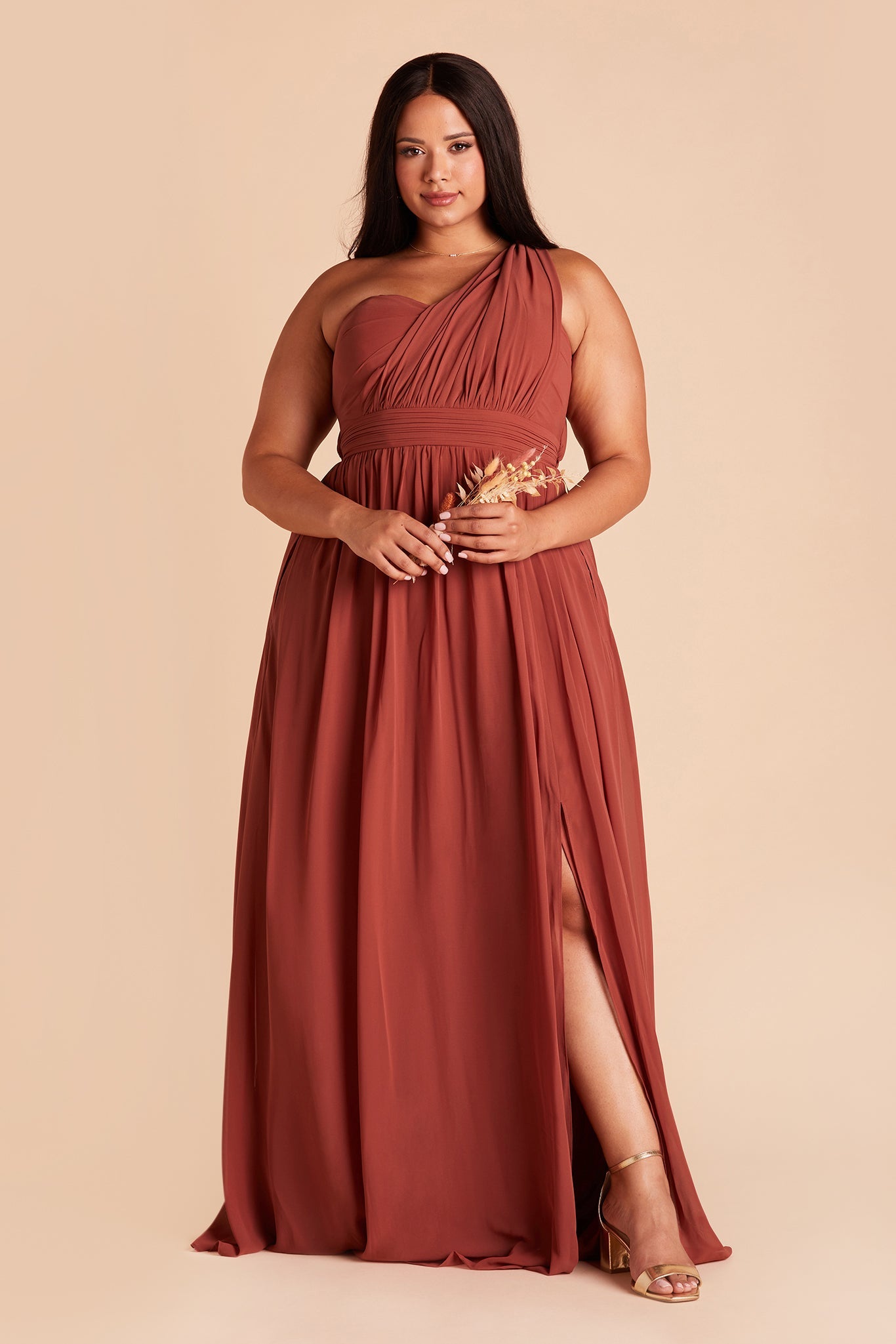 Grace convertible plus size bridesmaid dress with slit in spice chiffon by Birdy Grey, front view