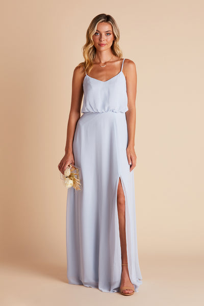 Gwennie bridesmaid dress with slit in ice blue chiffon by Birdy Grey, front view