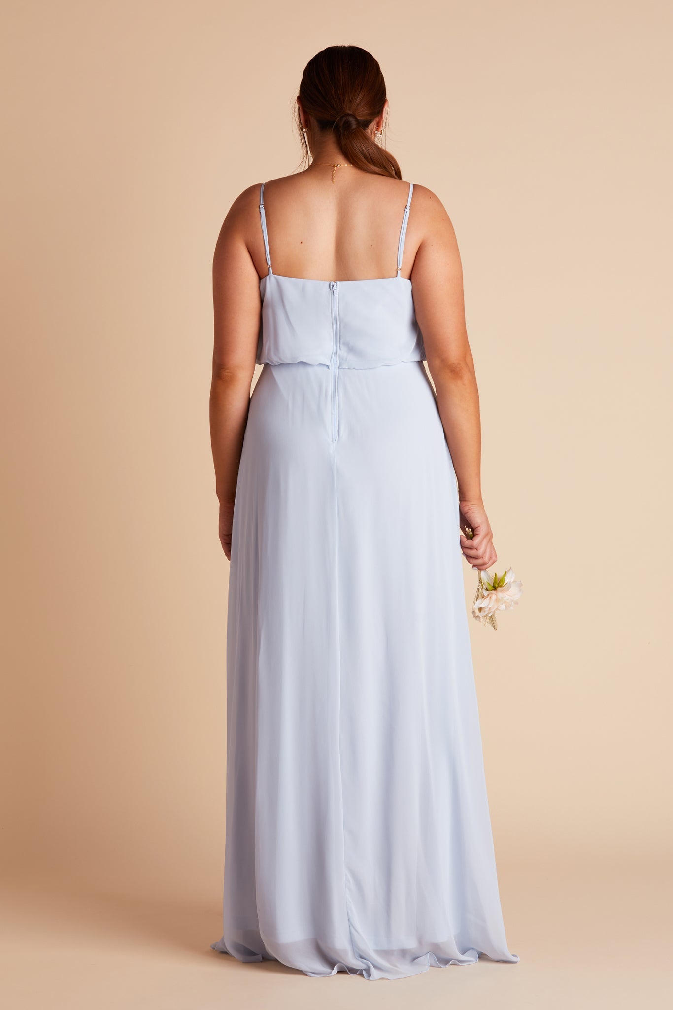Gwennie plus size bridesmaid dress with slit in ice blue chiffon by Birdy Grey, back view