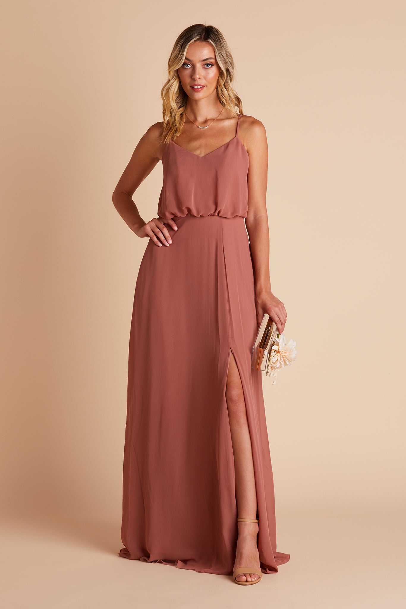 Gwennie bridesmaid dress with slit in desert rose chiffon by Birdy Grey, front view