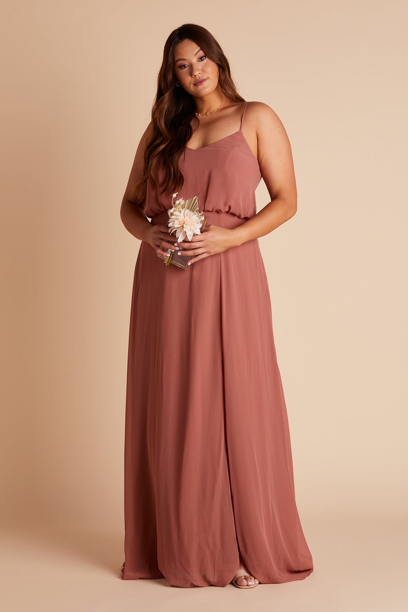 Gwennie plus size bridesmaid dress with slit in desert rose chiffon by Birdy Grey, front view