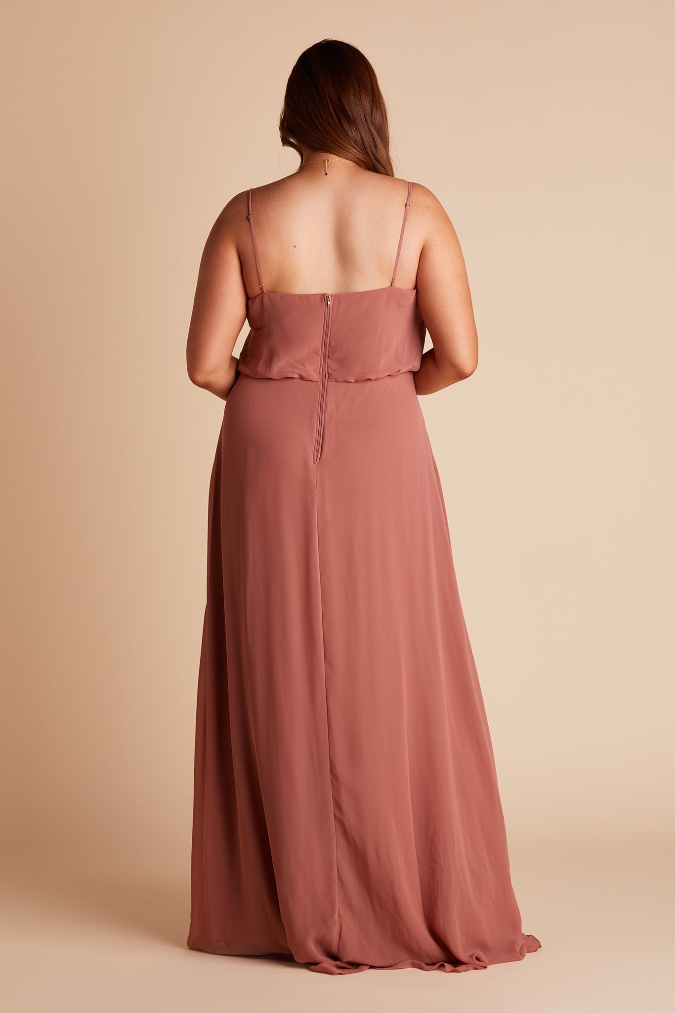 Gwennie plus size bridesmaid dress with slit in desert rose chiffon by Birdy Grey, back view