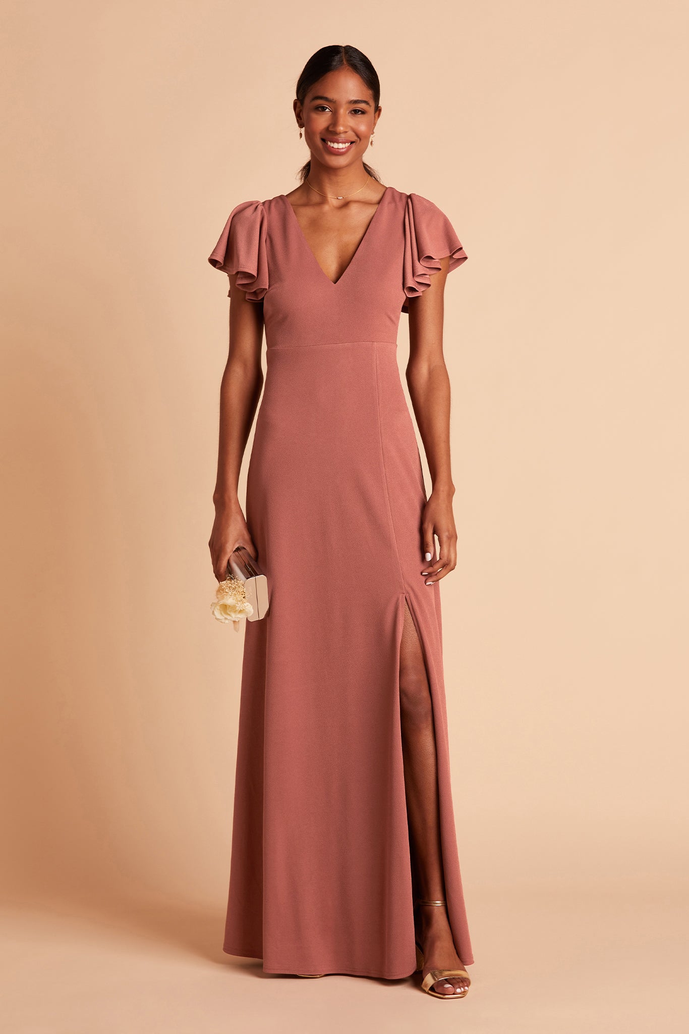 Hannah bridesmaid dress with slit in desert rose crepe by Birdy Grey, front view