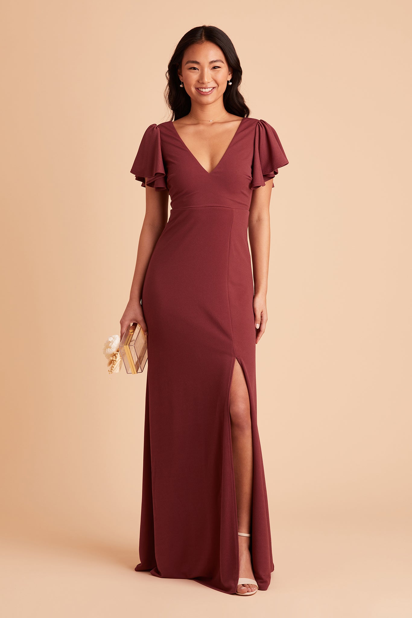 Hannah bridesmaid dress with slit in rosewood crepe by Birdy Grey, front view