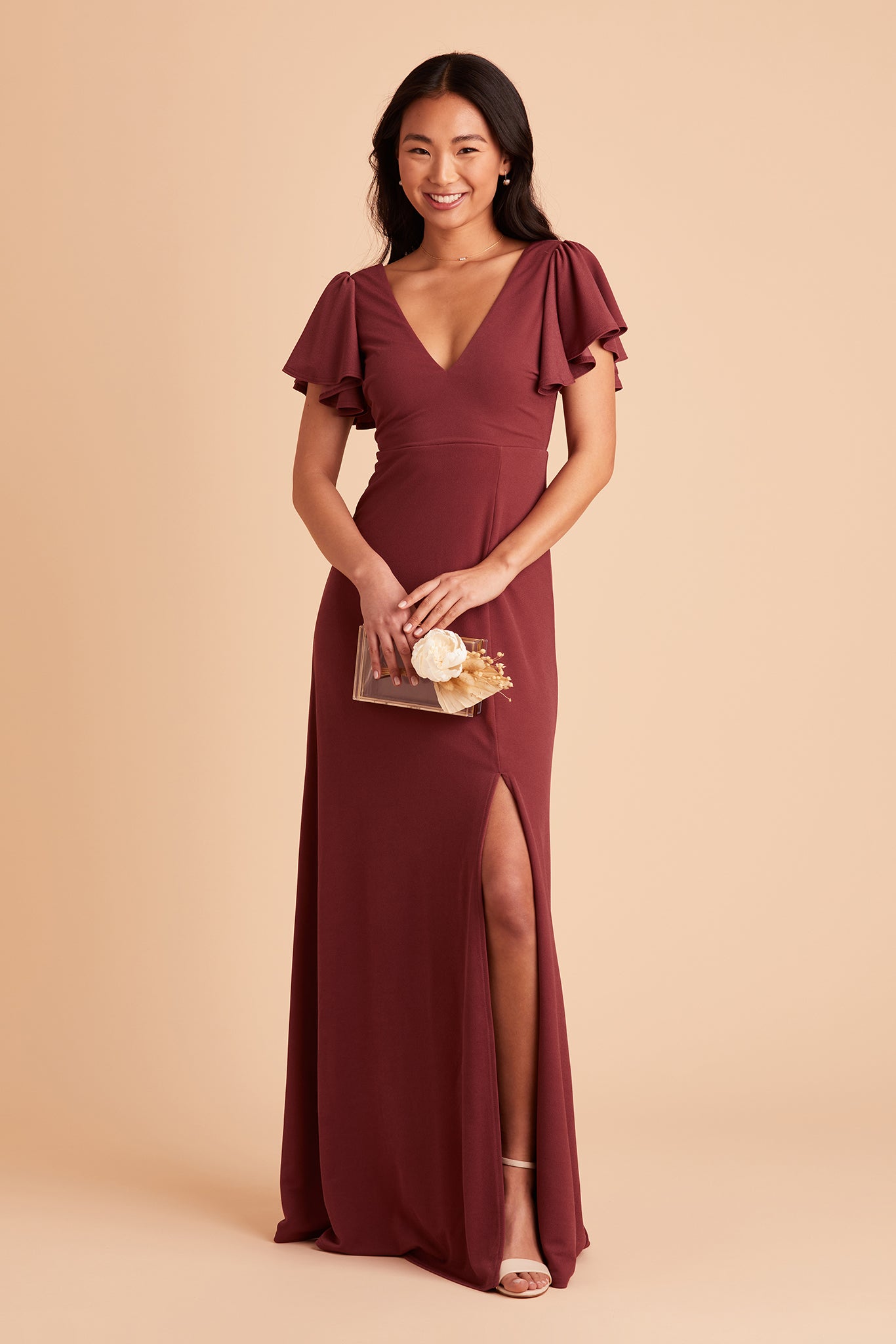 Hannah bridesmaid dress with slit in rosewood crepe by Birdy Grey, front view