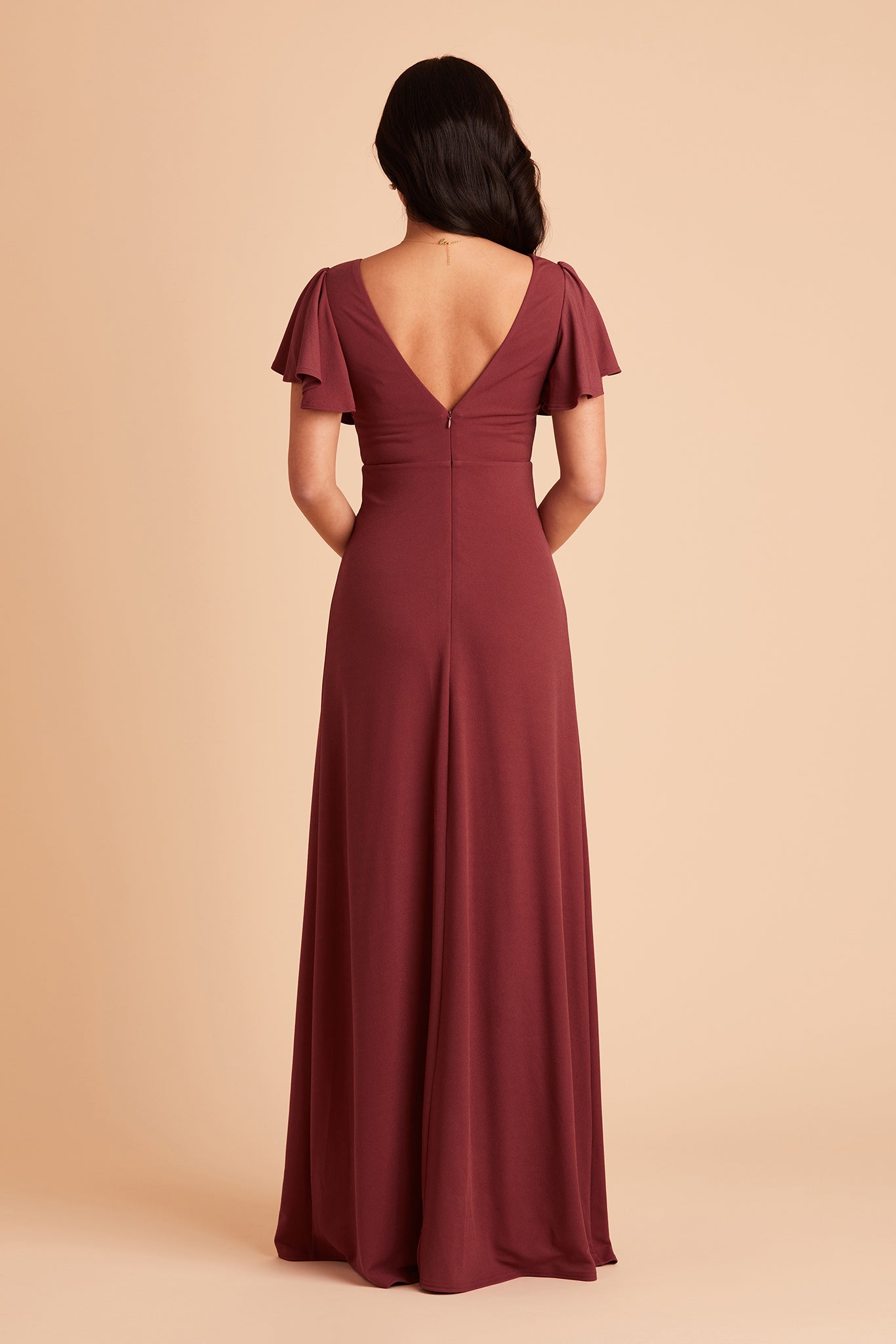 Hannah bridesmaid dress with slit in rosewood crepe by Birdy Grey, back view