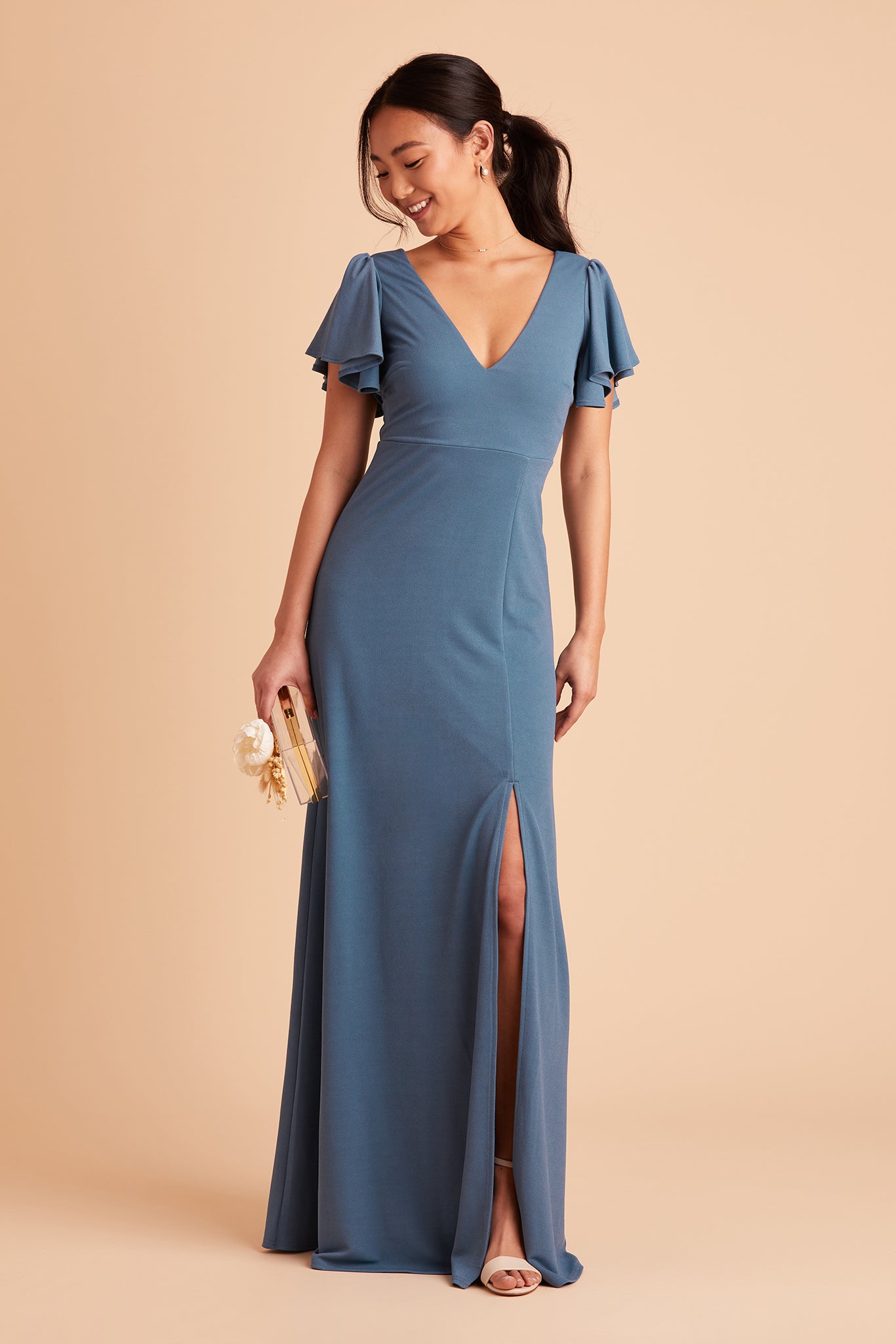 Hannah bridesmaid dress with slit in twilight crepe by Birdy Grey, front view