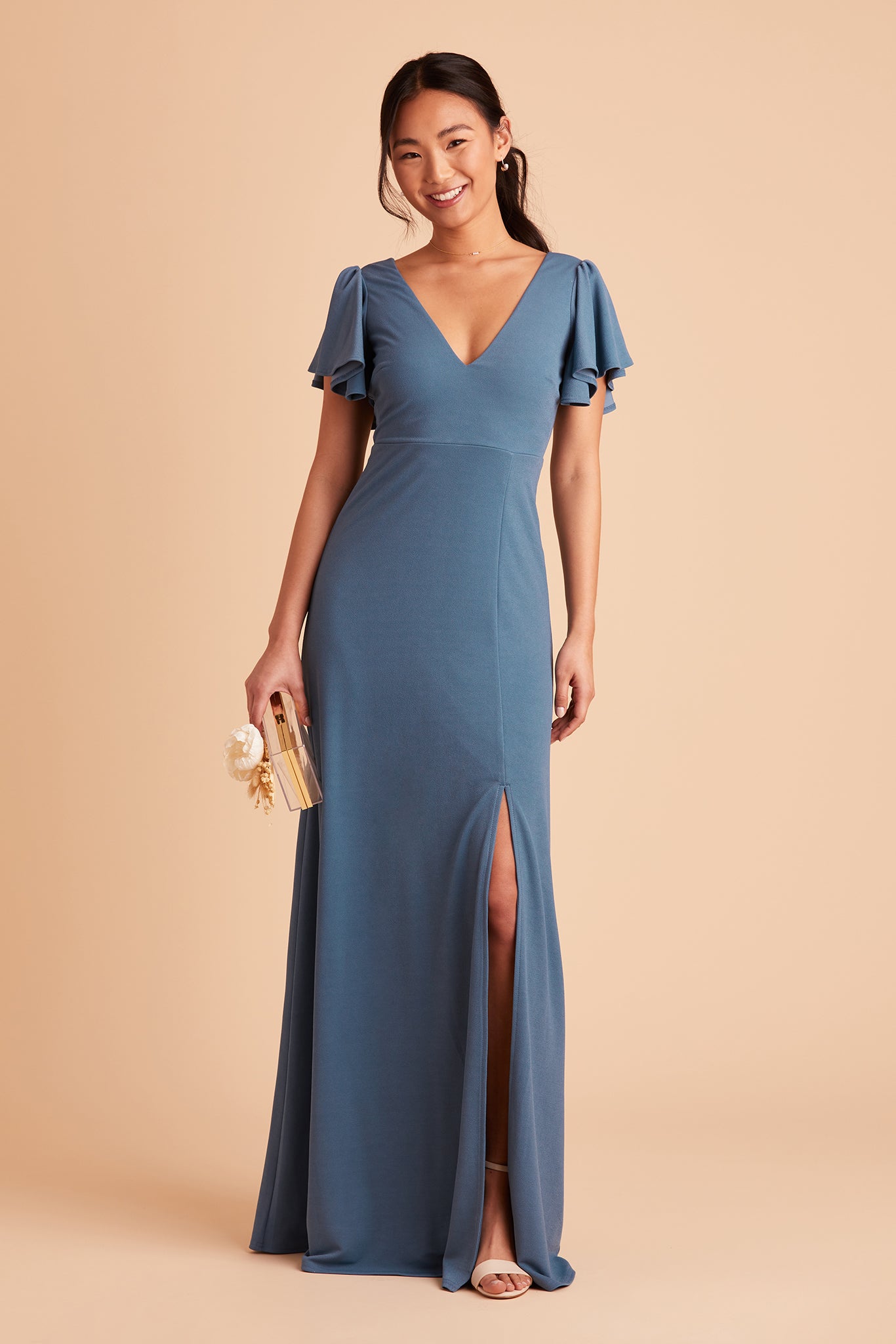 Hannah bridesmaid dress with slit in twilight crepe by Birdy Grey, front view