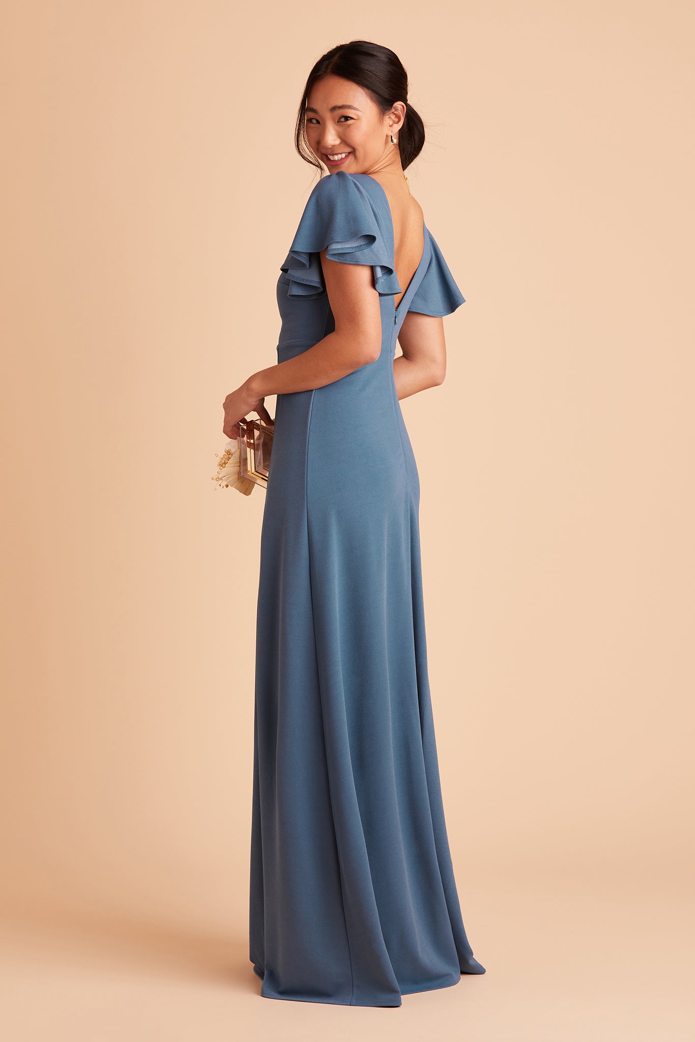 Hannah bridesmaid dress with slit in twilight crepe by Birdy Grey, side view