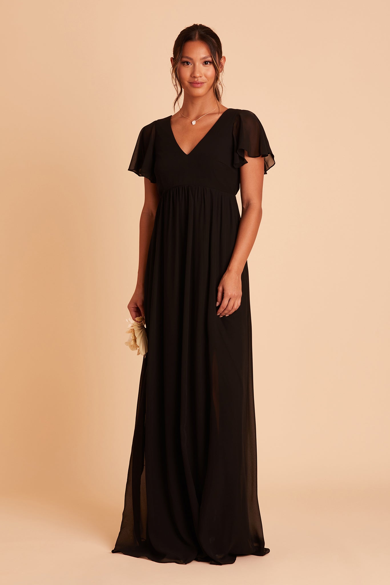 Hannah Empire bridesmaid dress with slit in black chiffon by Birdy Grey, front view