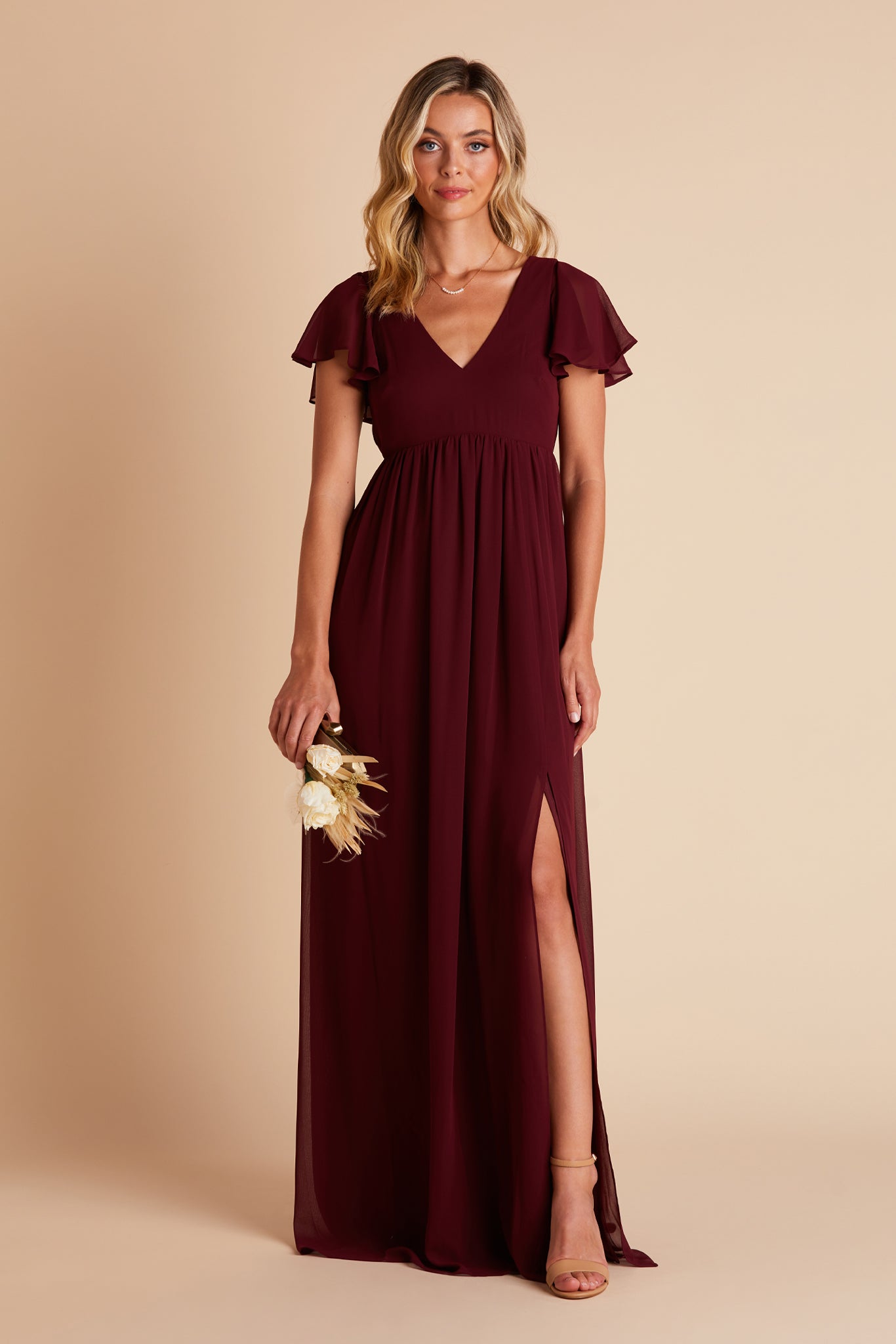 Hannah bridesmaid dress with slit in cabernet burgundy chiffon by Birdy Grey, front view