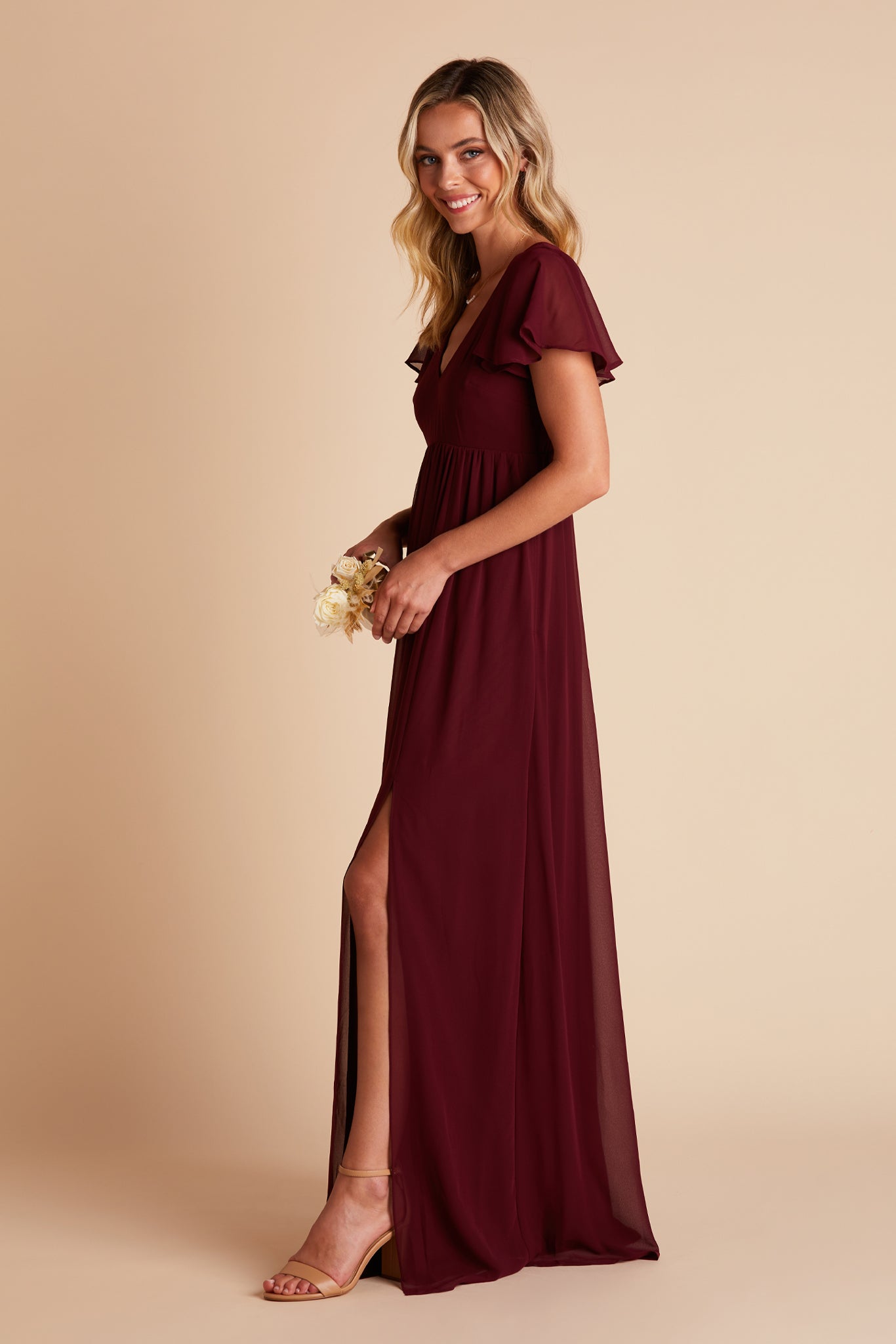 Hannah bridesmaid dress with slit in cabernet burgundy chiffon by Birdy Grey, side view