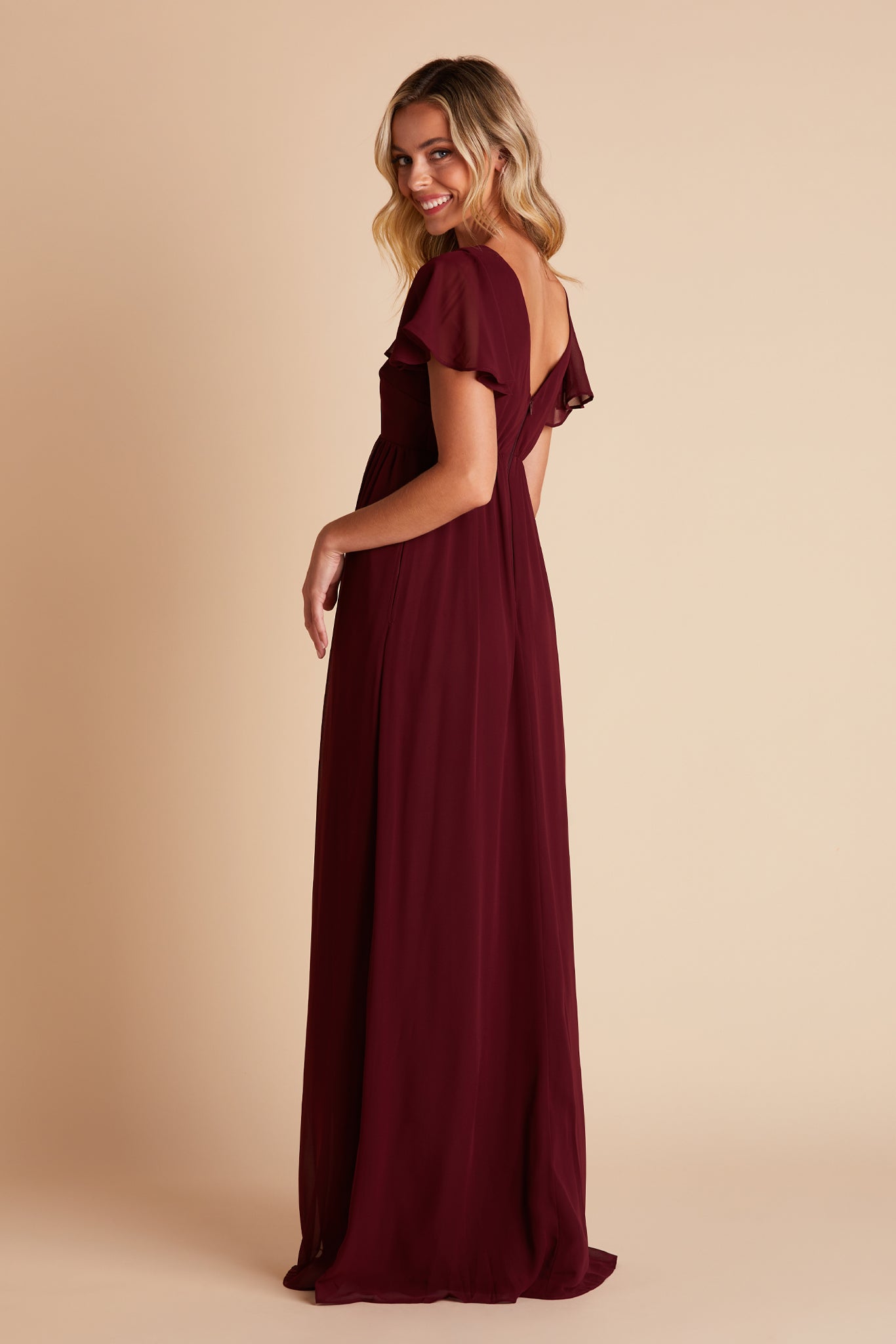 Hannah bridesmaid dress with slit in cabernet burgundy chiffon by Birdy Grey, back view