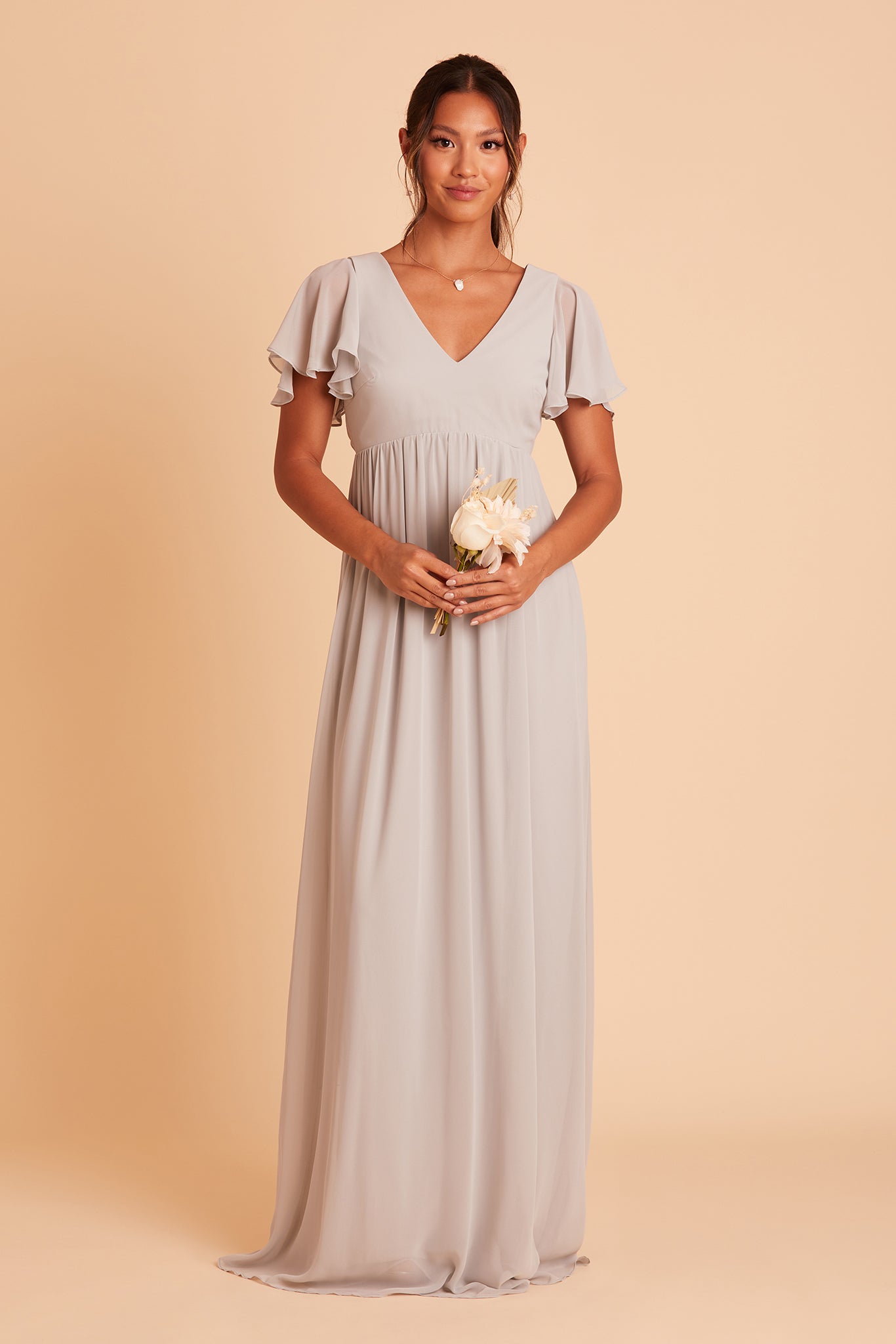 Hannah Empire bridesmaid dress with slit in dove gray chiffon by Birdy Grey, front view
