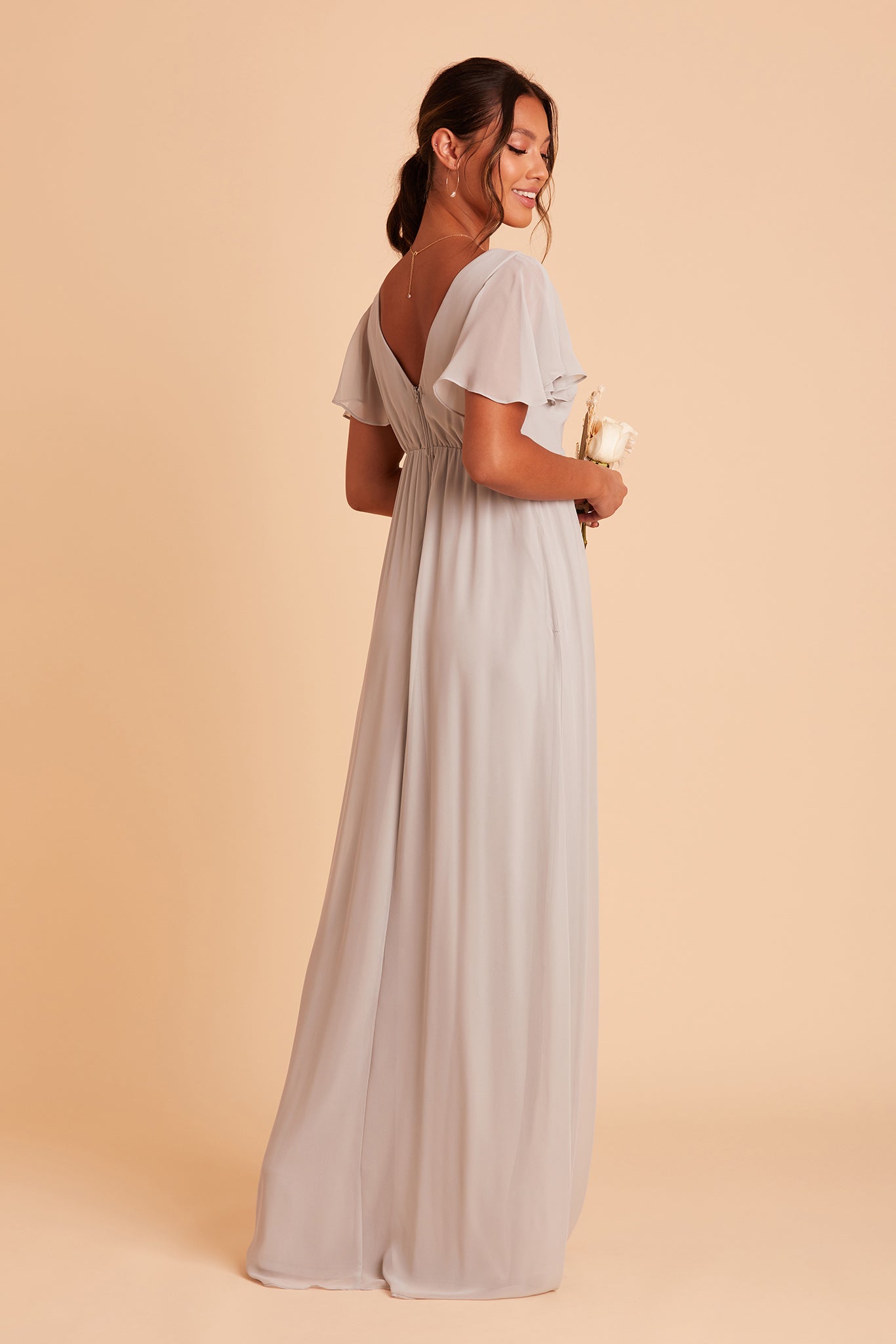 Hannah Empire bridesmaid dress with slit in dove gray chiffon by Birdy Grey, side view
