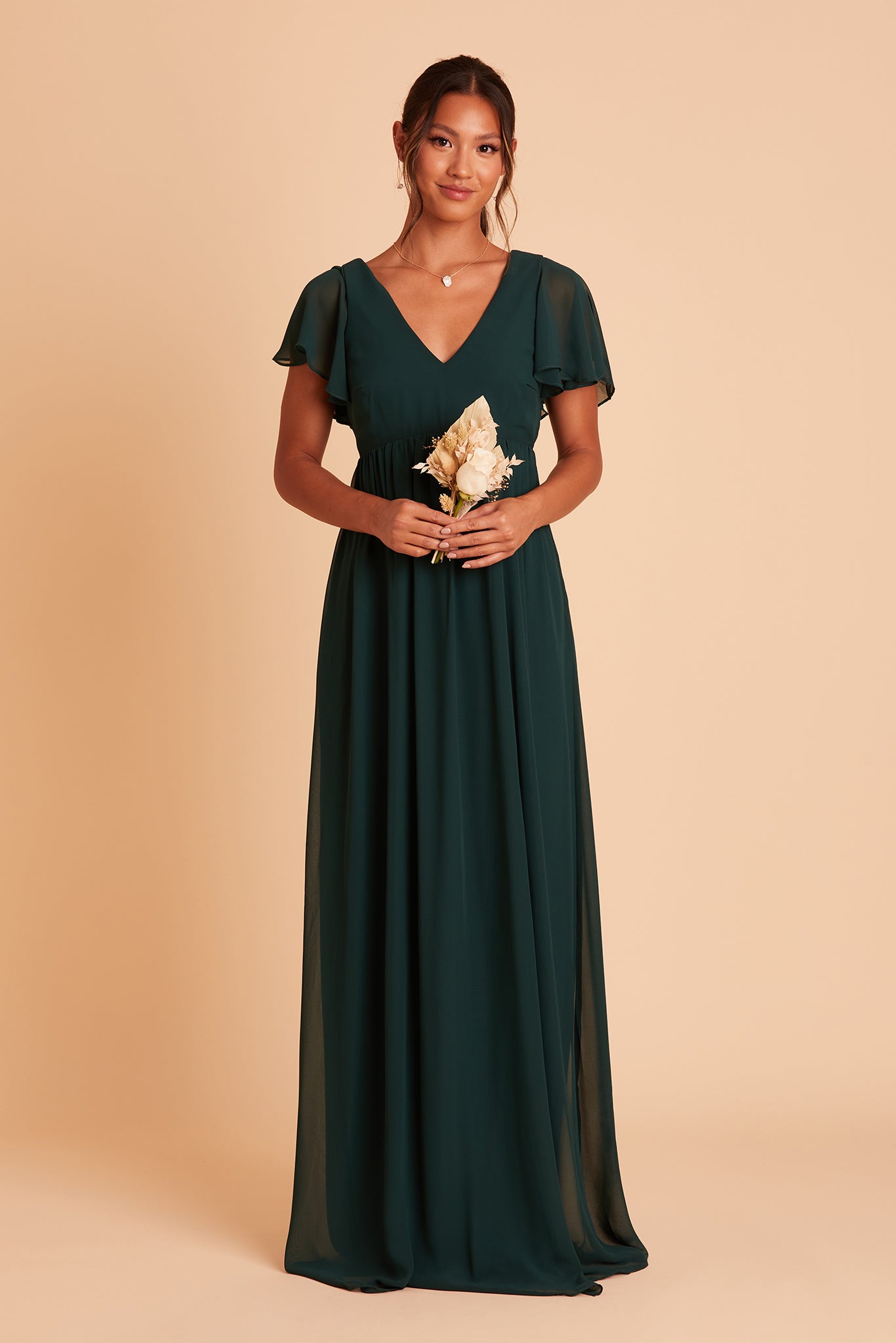 Hannah Empire bridesmaid dress with slit in emerald chiffon by Birdy Grey, front view