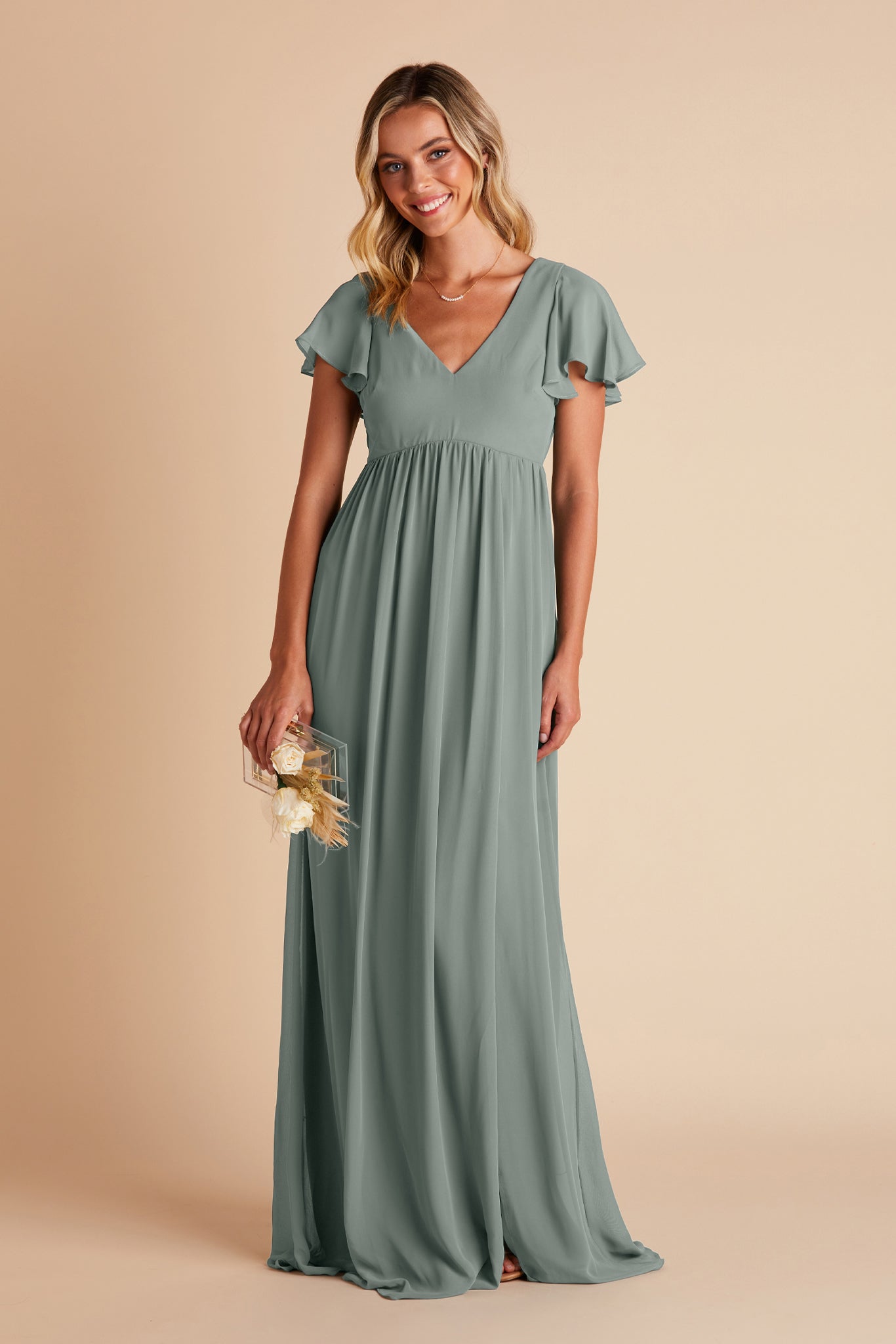 Hannah empire bridesmaid dress with slit in sea glass green chiffon by Birdy Grey, front view