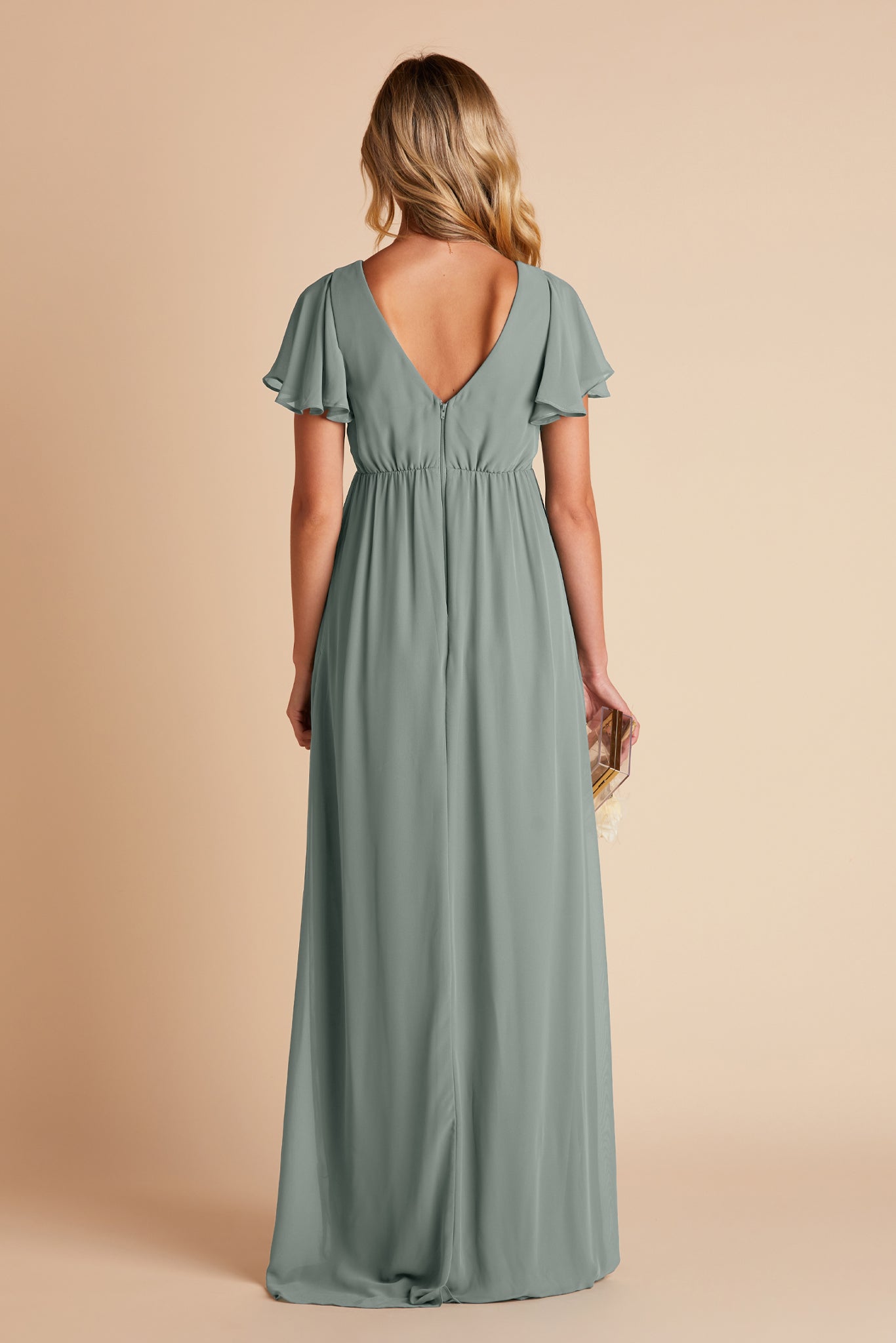 Hannah empire bridesmaid dress with slit in sea glass green chiffon by Birdy Grey, back view