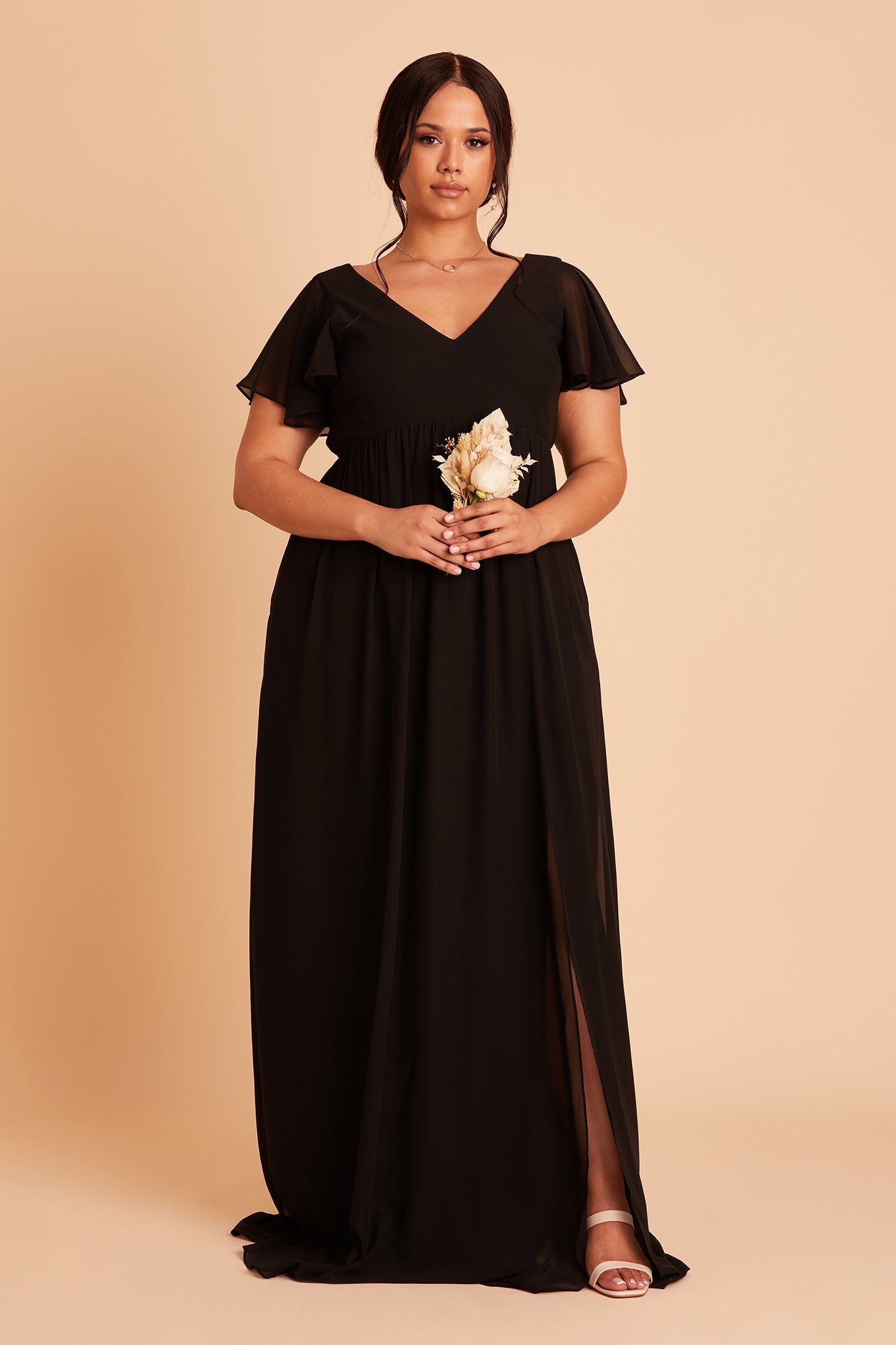 Hannah empire plus size bridesmaid dress in black chiffon by Birdy Grey, front view