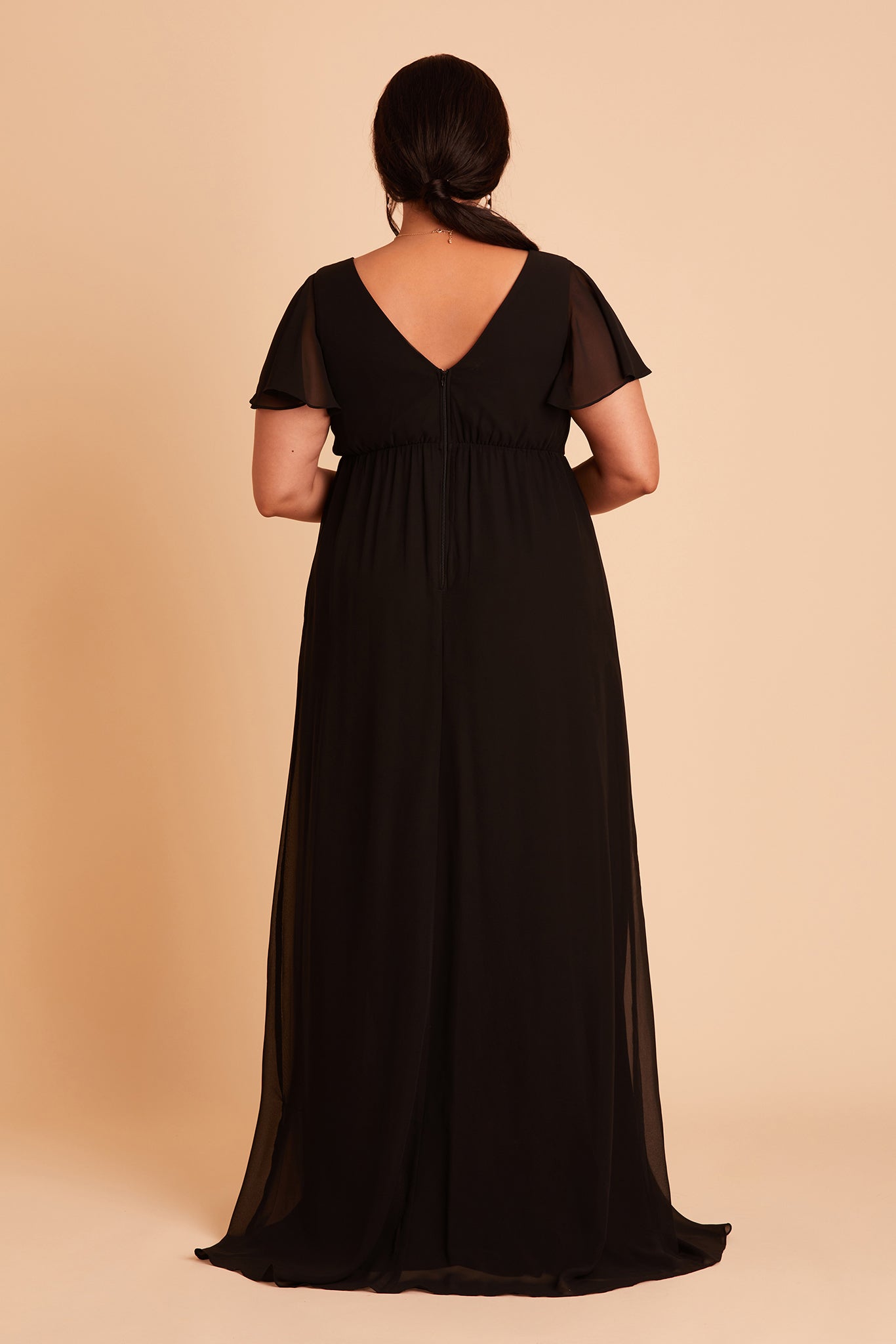 Hannah empire plus size bridesmaid dress in black chiffon by Birdy Grey, back view