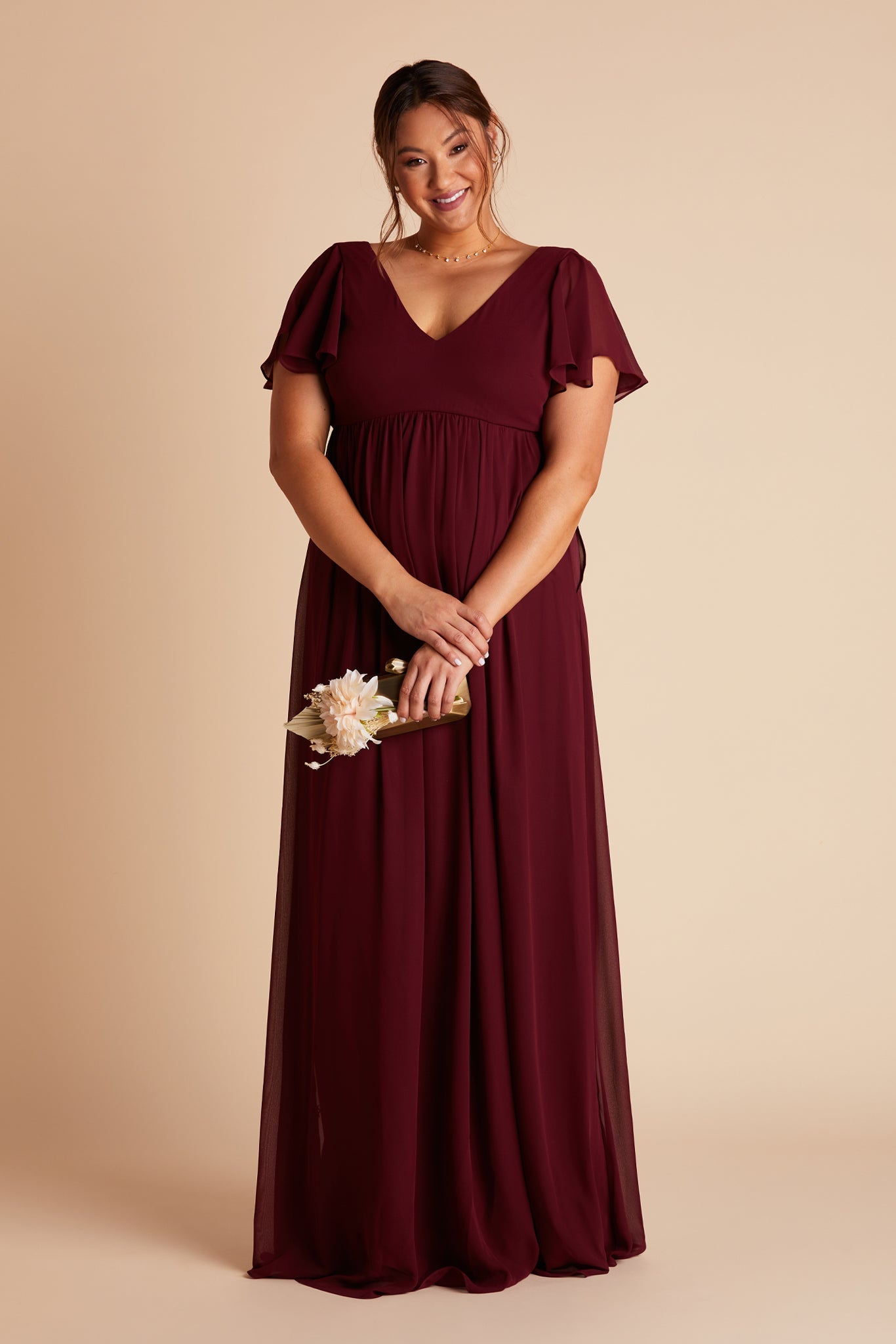 Hannah plus size bridesmaid dress with slit in cabernet burgundy chiffon by Birdy Grey, front view