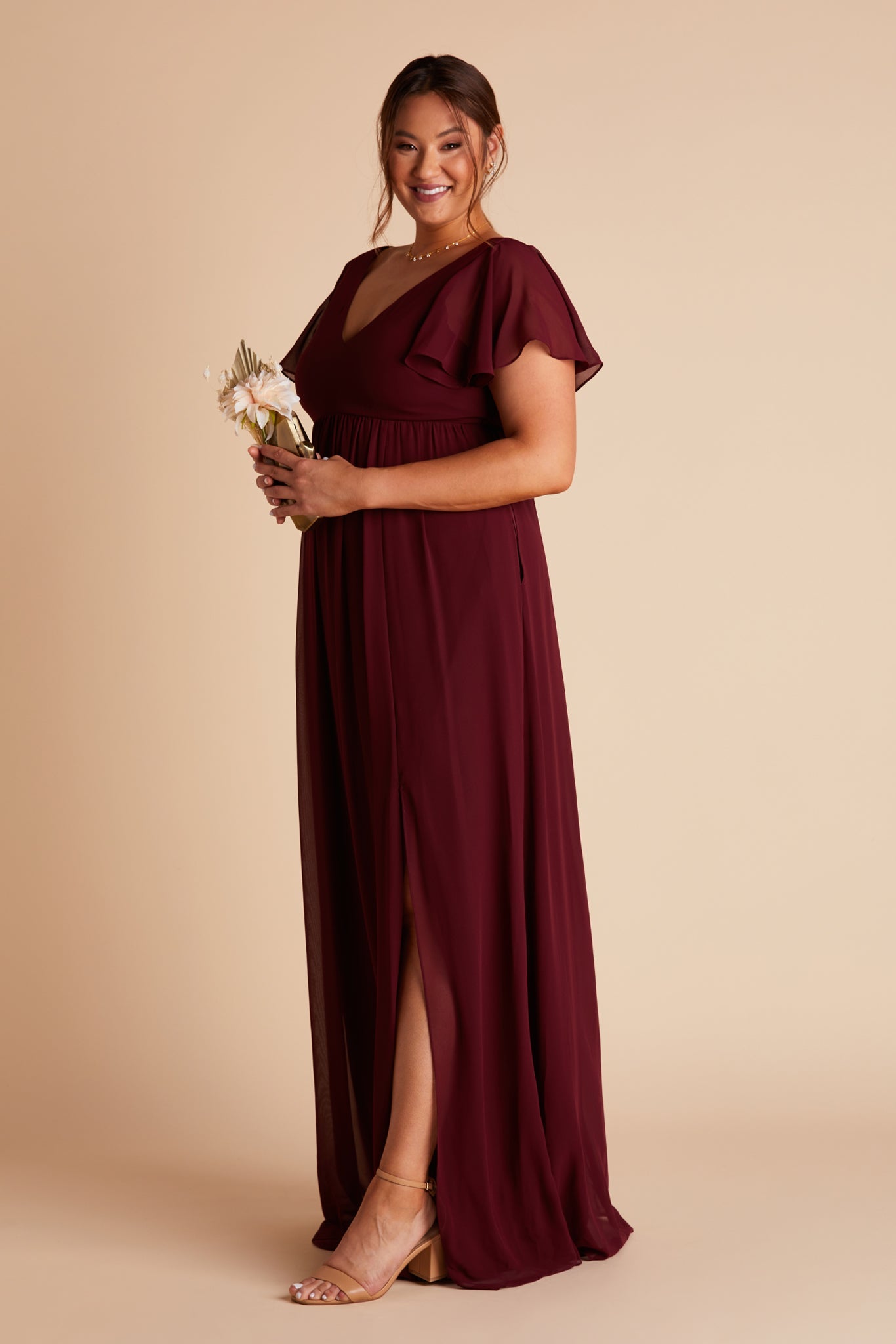 Hannah plus size bridesmaid dress with slit in cabernet burgundy chiffon by Birdy Grey, side view