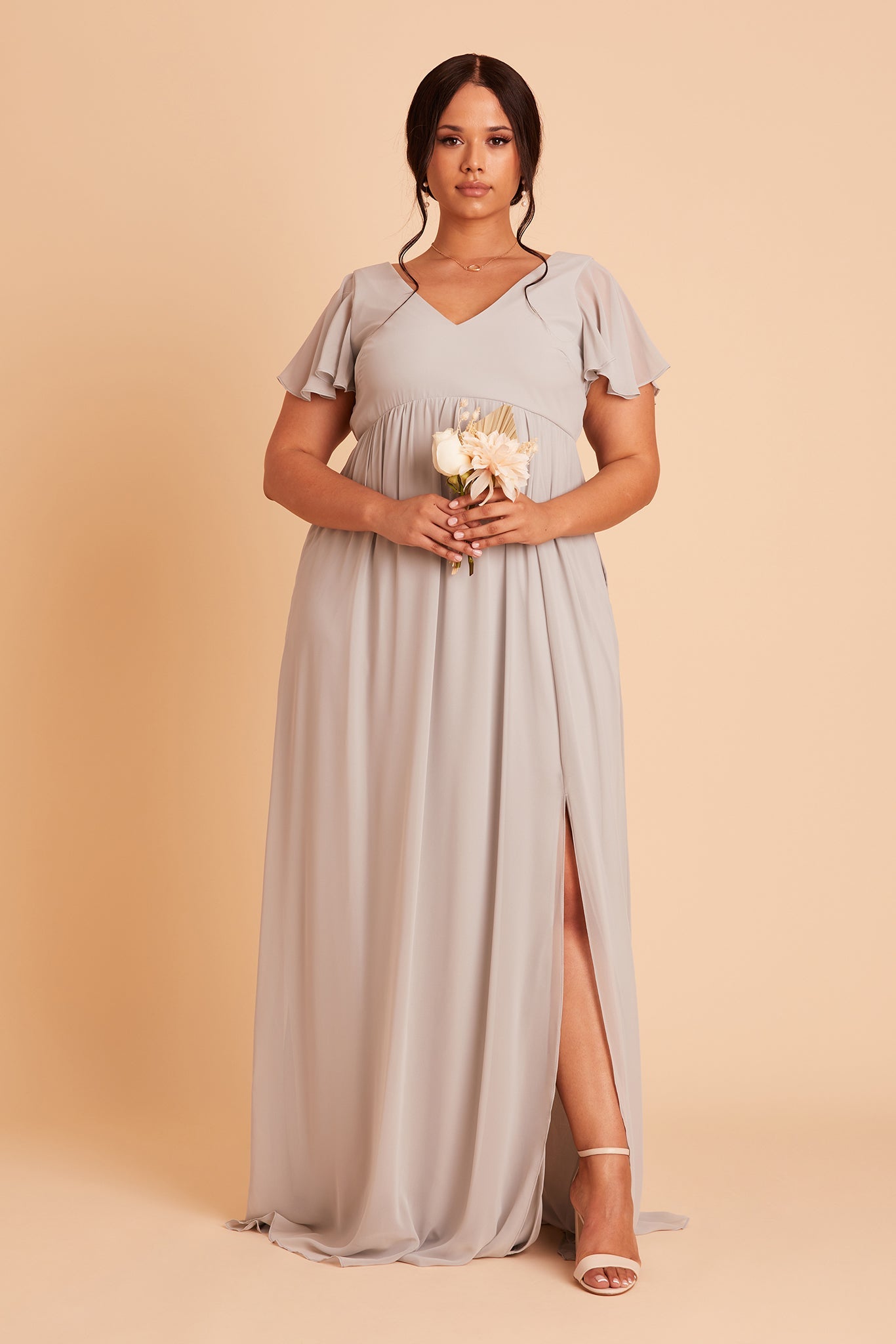 Hannah empire plus size bridesmaid dress in dove gray chiffon by Birdy Grey, front view