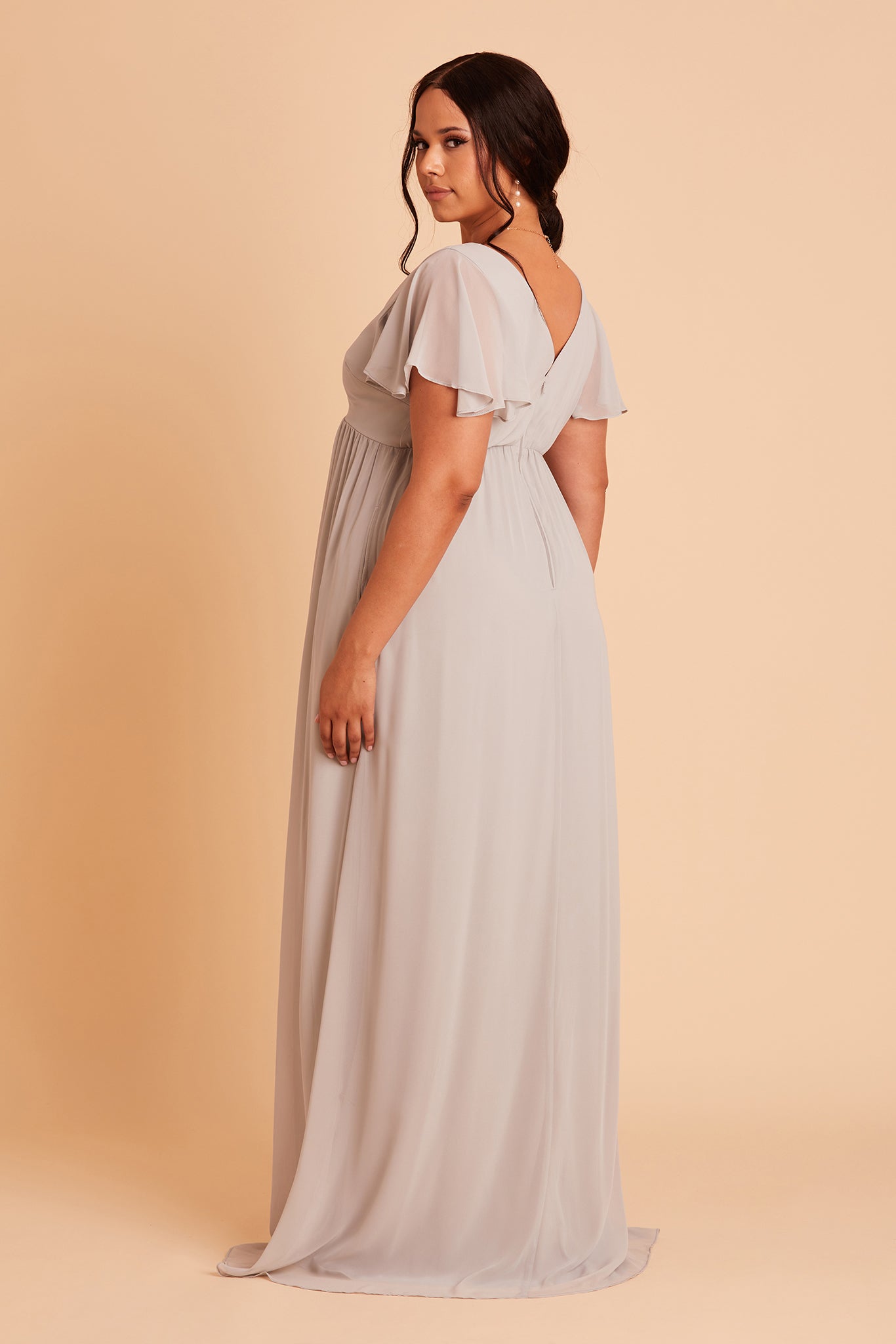 Hannah empire plus size bridesmaid dress in dove gray chiffon by Birdy Grey, side view