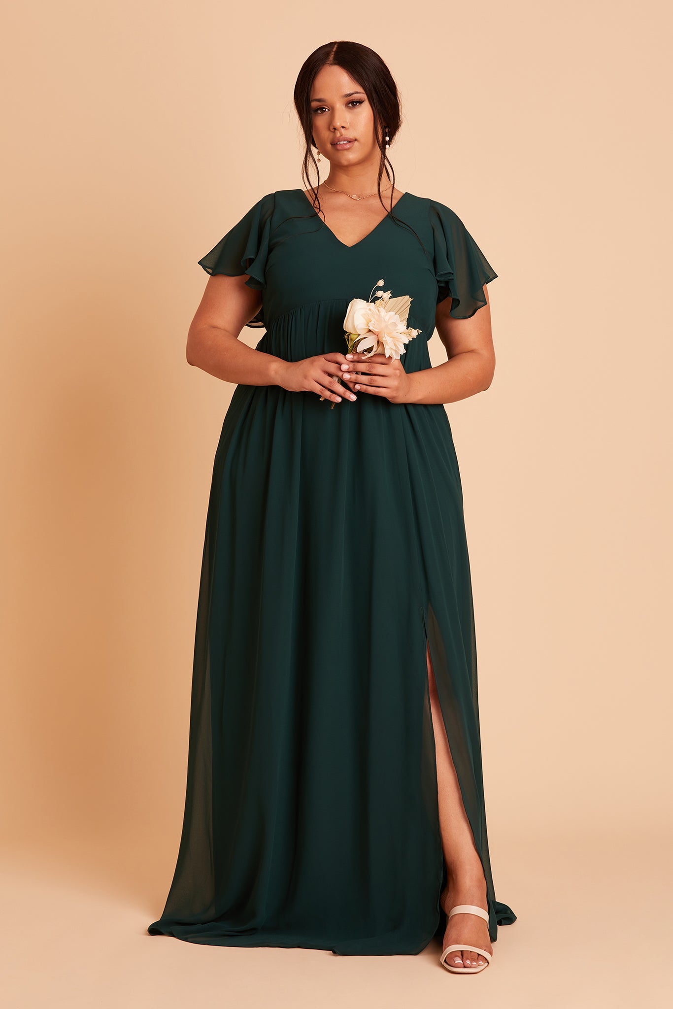 Hannah empire plus size bridesmaid dress in emerald chiffon by Birdy Grey, front view