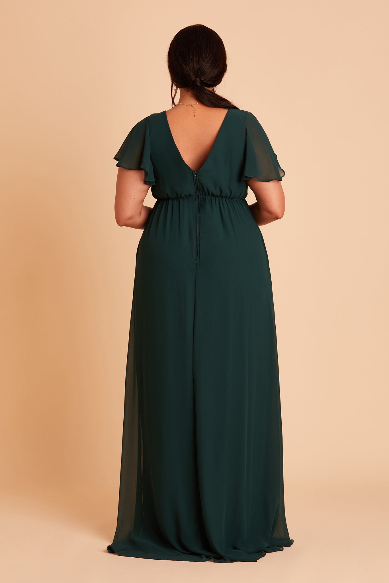 Hannah empire plus size bridesmaid dress in emerald chiffon by Birdy Grey, back view