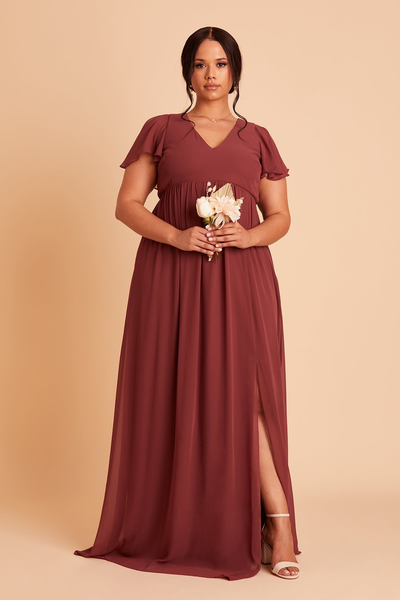 Hannah empire plus size bridesmaid dress in rosewood chiffon by Birdy Grey, front view