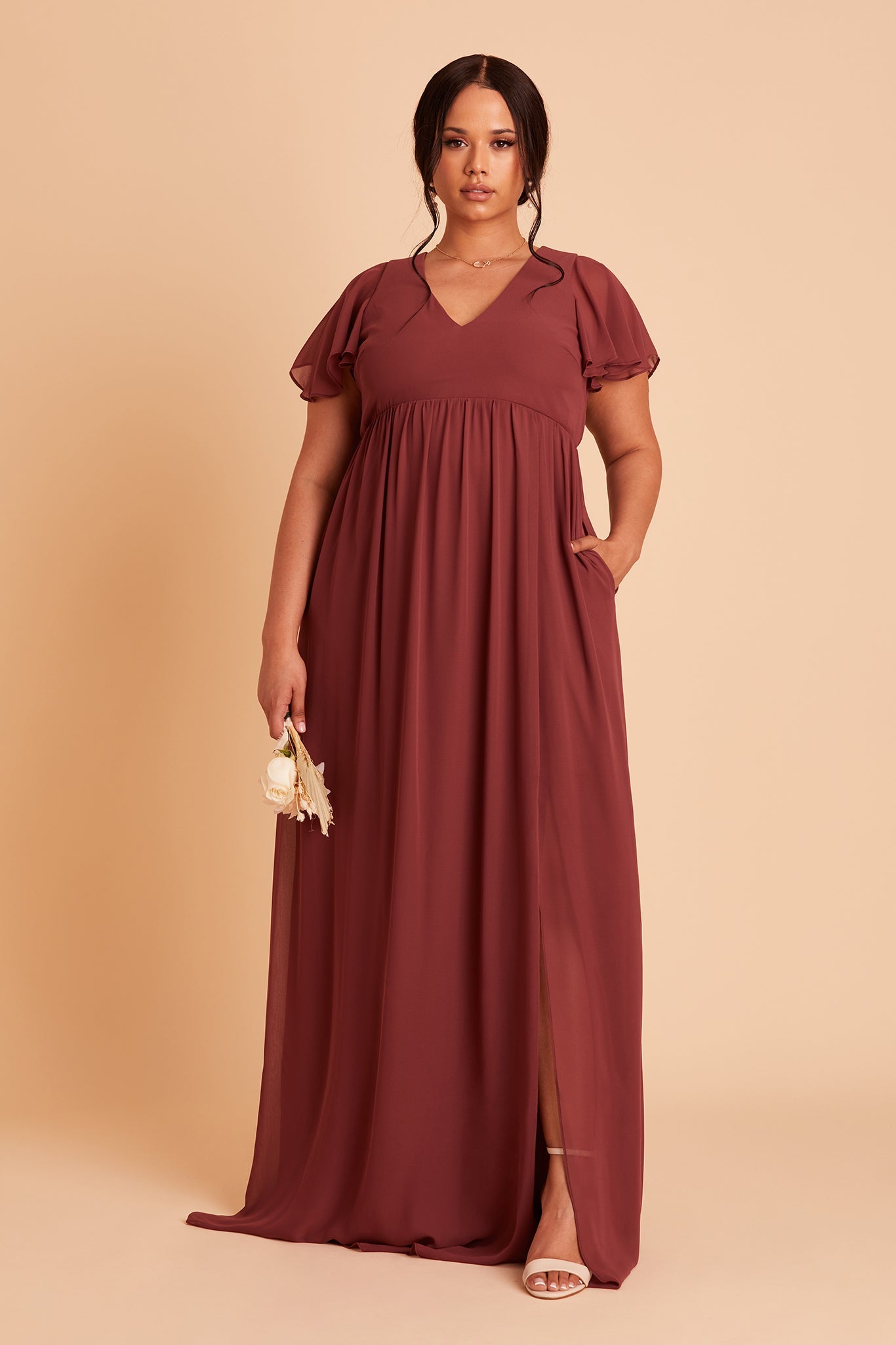 Hannah empire plus size bridesmaid dress in rosewood chiffon by Birdy Grey, front view