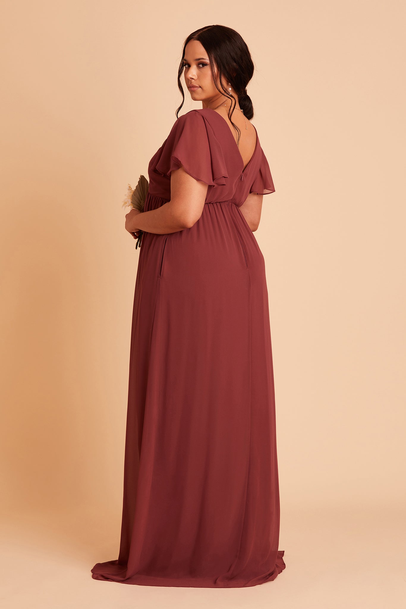 Hannah empire plus size bridesmaid dress in rosewood chiffon by Birdy Grey, side view