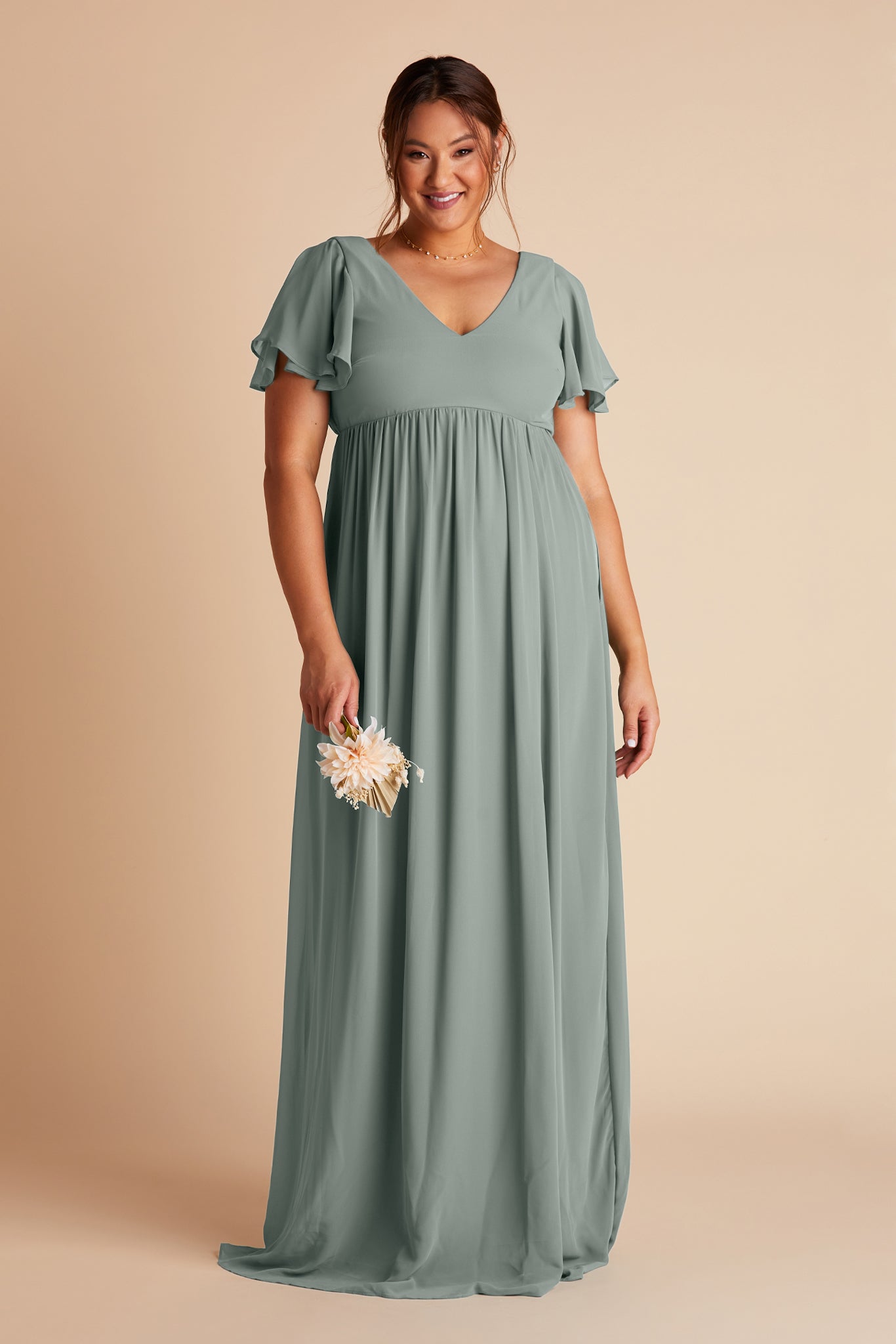 Hannah empire plus size bridesmaid dress in sea glass green chiffon by Birdy Grey, front view