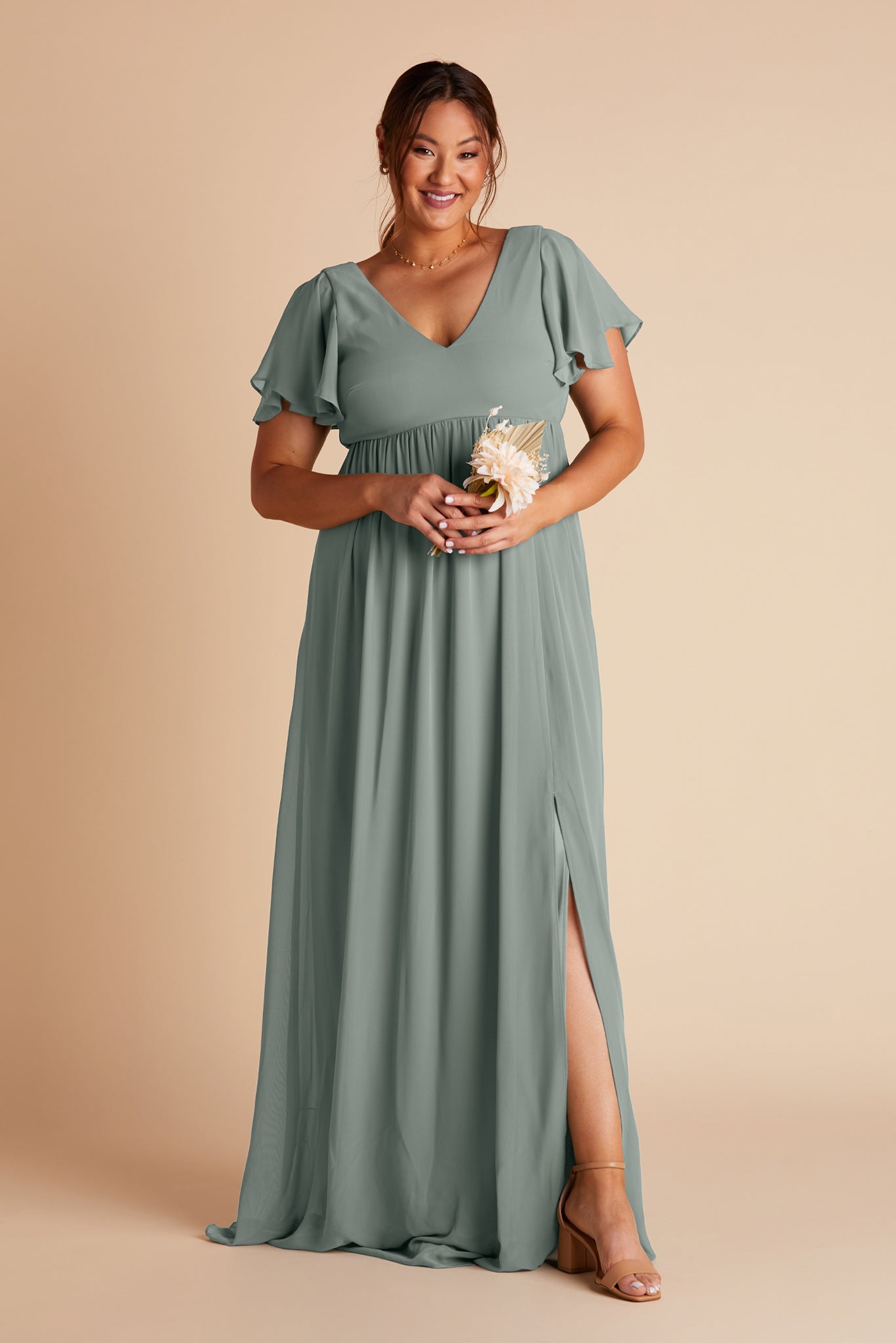 Hannah empire plus size bridesmaid dress with slit in sea glass green chiffon by Birdy Grey, front view