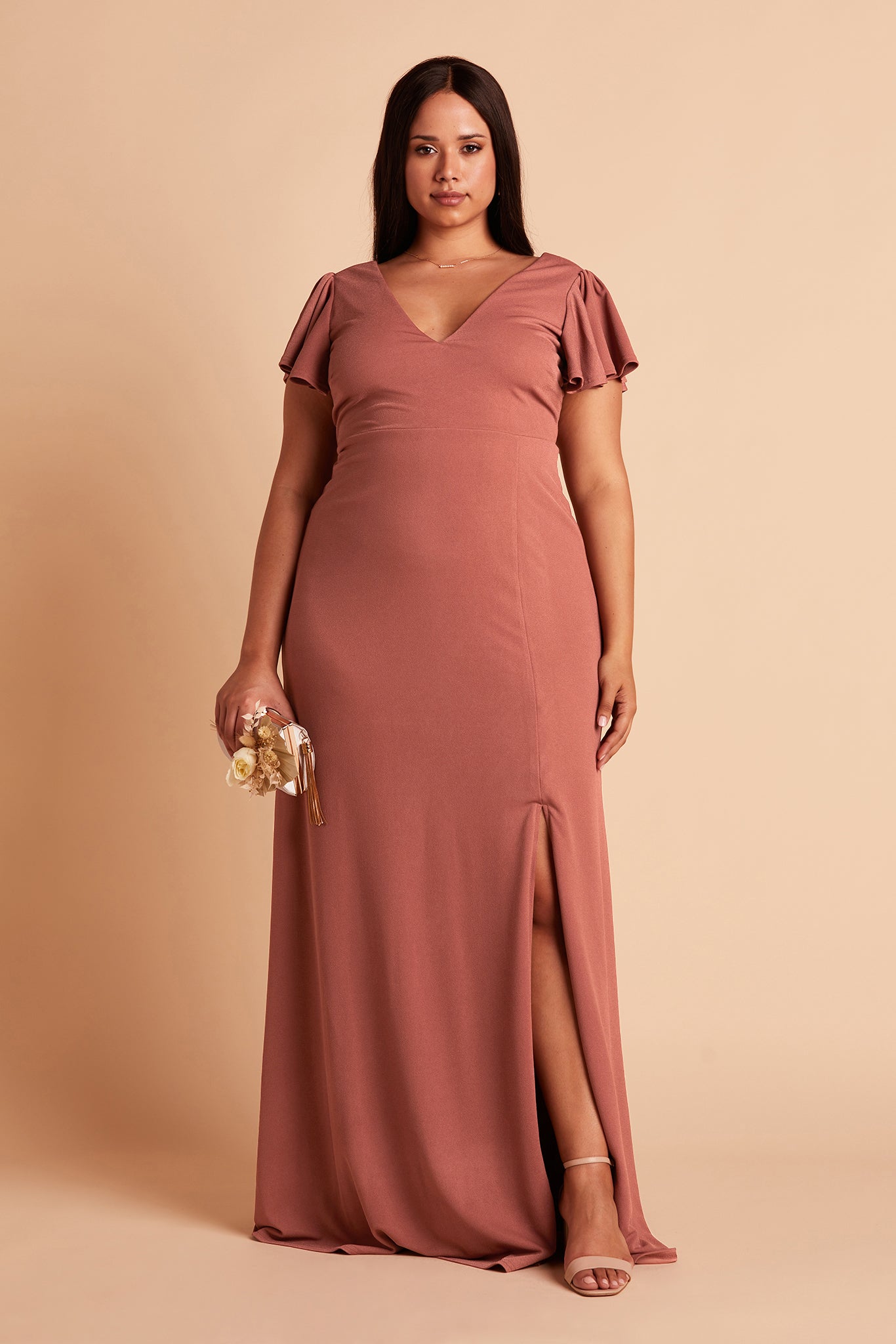 Hannah plus size bridesmaid dress with slit in desert rose crepe by Birdy Grey, front view