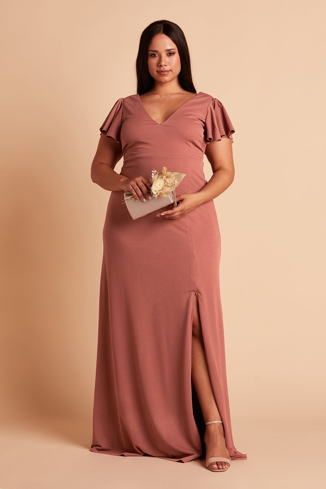 Hannah plus size bridesmaid dress with slit in desert rose crepe by Birdy Grey, front view