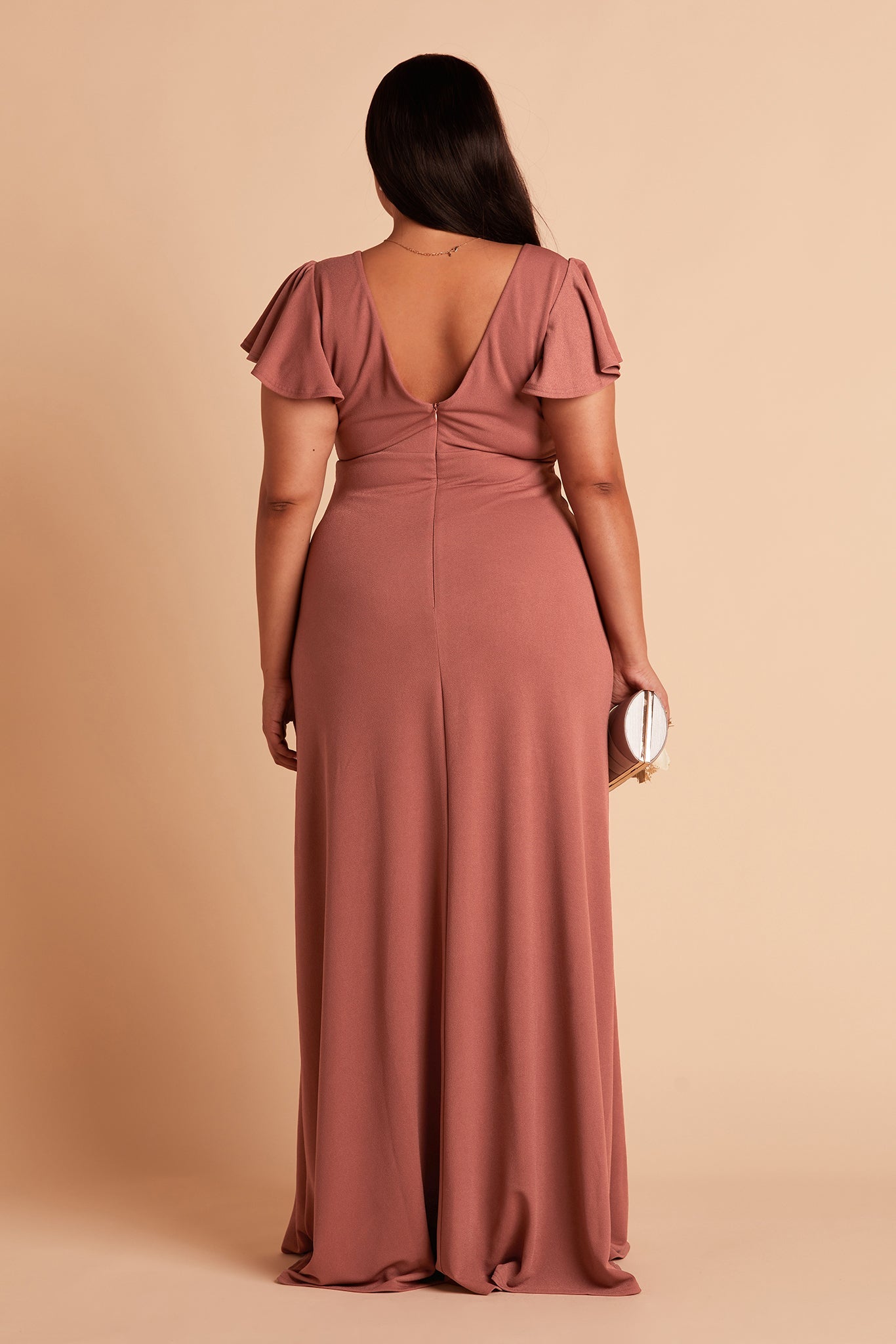 Hannah plus size bridesmaid dress with slit in desert rose crepe by Birdy Grey, back view