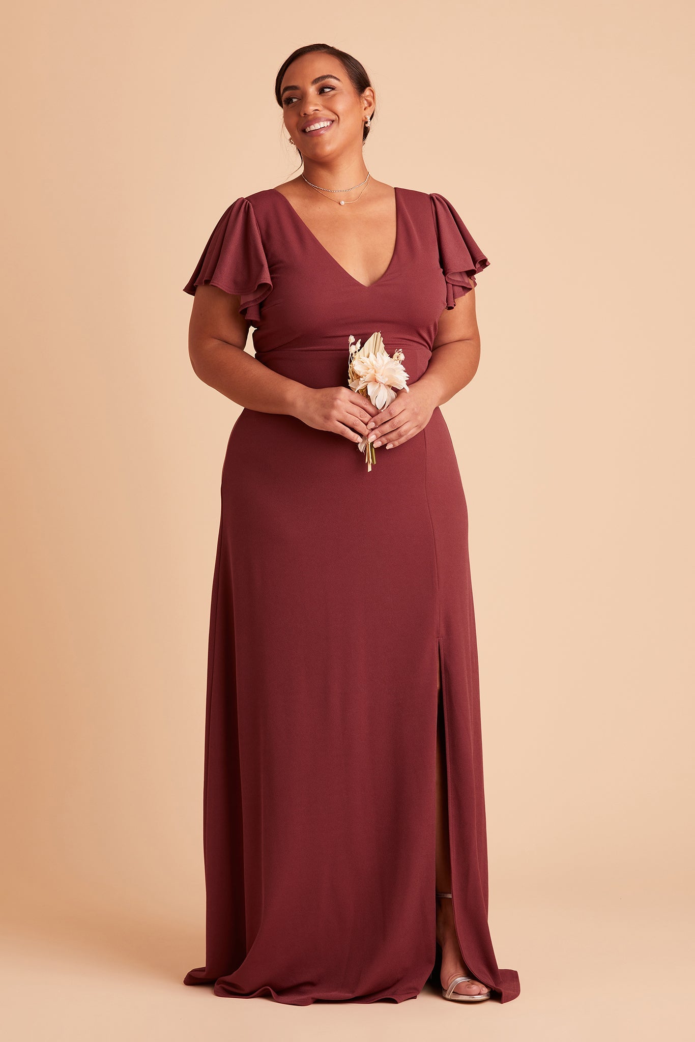 Hannah plus size bridesmaid dress with slit in rosewood crepe by Birdy Grey, front view