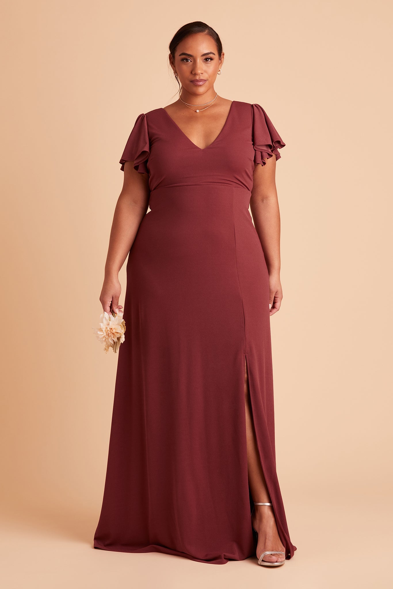 Hannah plus size bridesmaid dress with slit in rosewood crepe by Birdy Grey, front view