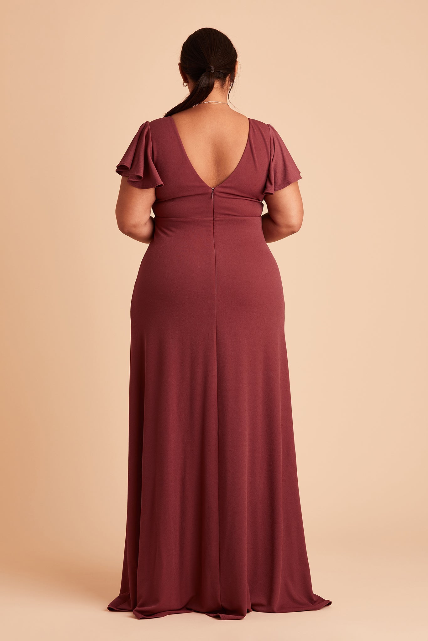 Hannah plus size bridesmaid dress with slit in rosewood crepe by Birdy Grey, back view