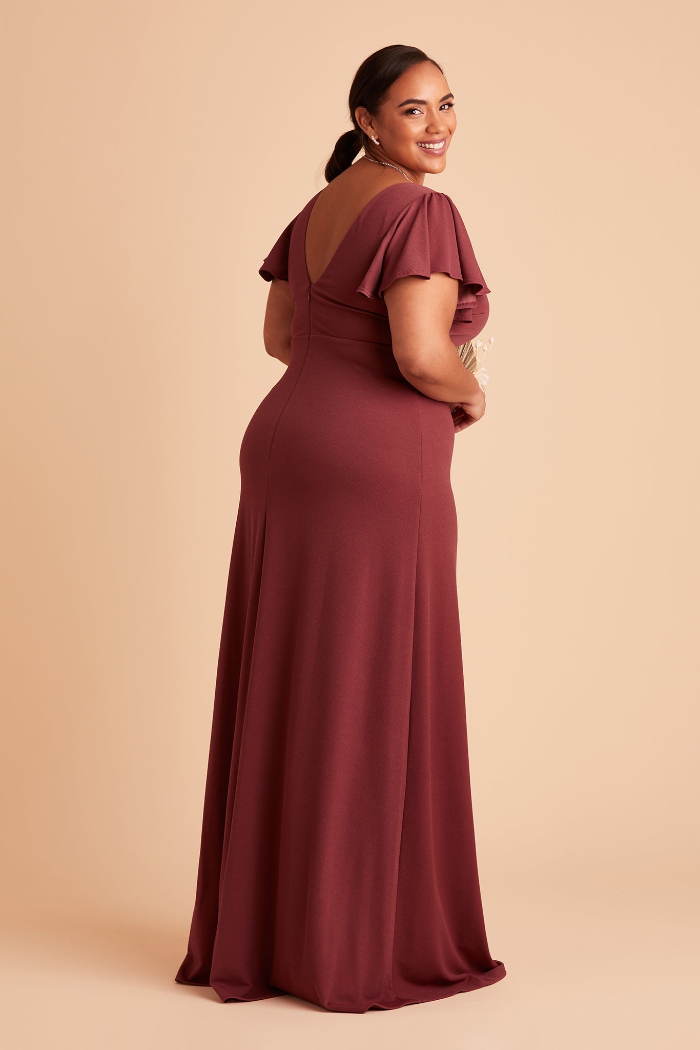 Hannah plus size bridesmaid dress with slit in rosewood crepe by Birdy Grey, side view
