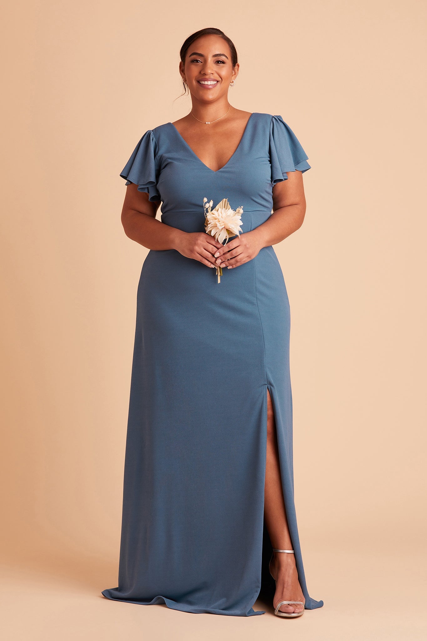 Hannah plus size bridesmaid dress with slit in twilight crepe by Birdy Grey, front view