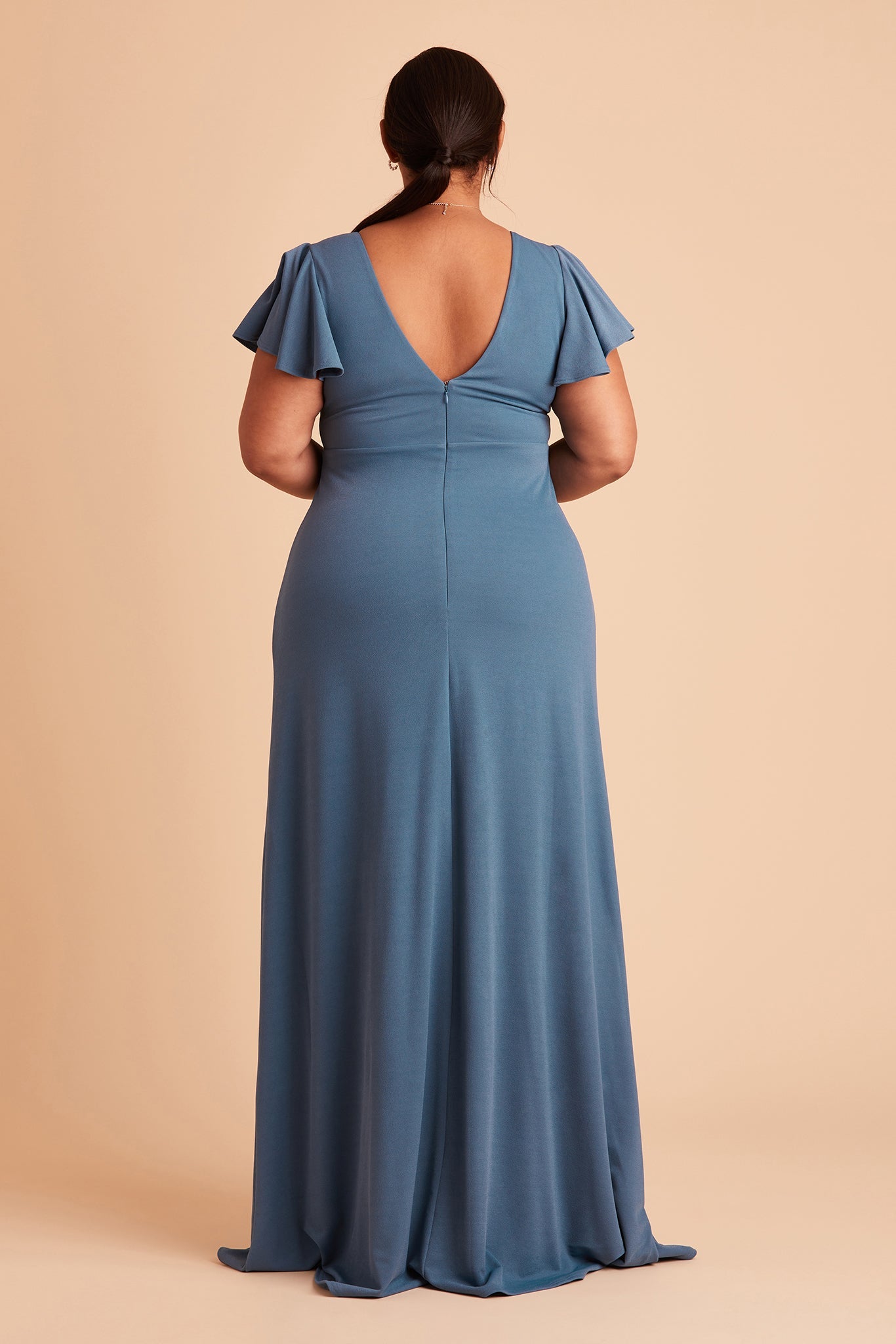 Hannah plus size bridesmaid dress with slit in twilight crepe by Birdy Grey, back view
