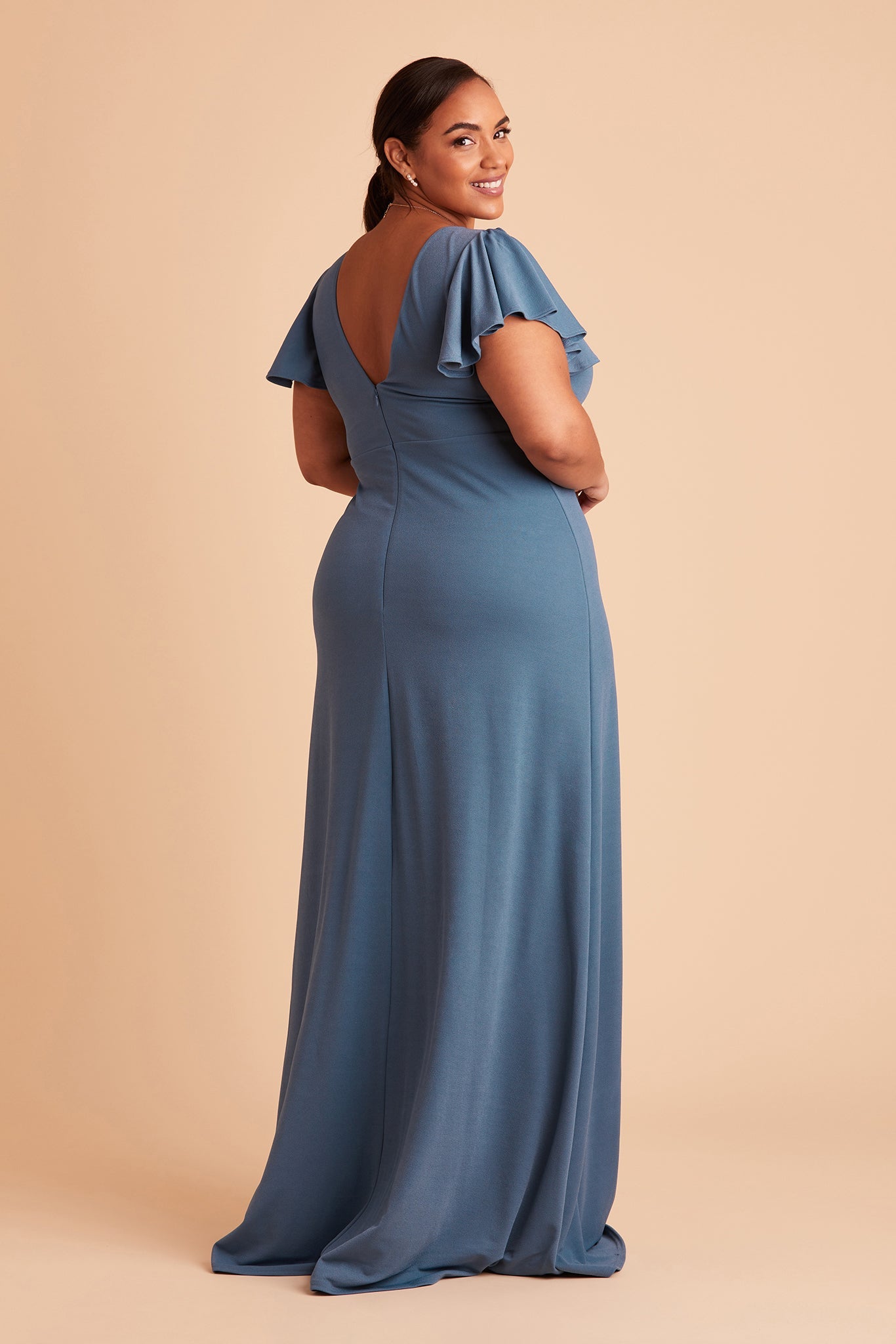Hannah plus size bridesmaid dress with slit in twilight crepe by Birdy Grey, side view