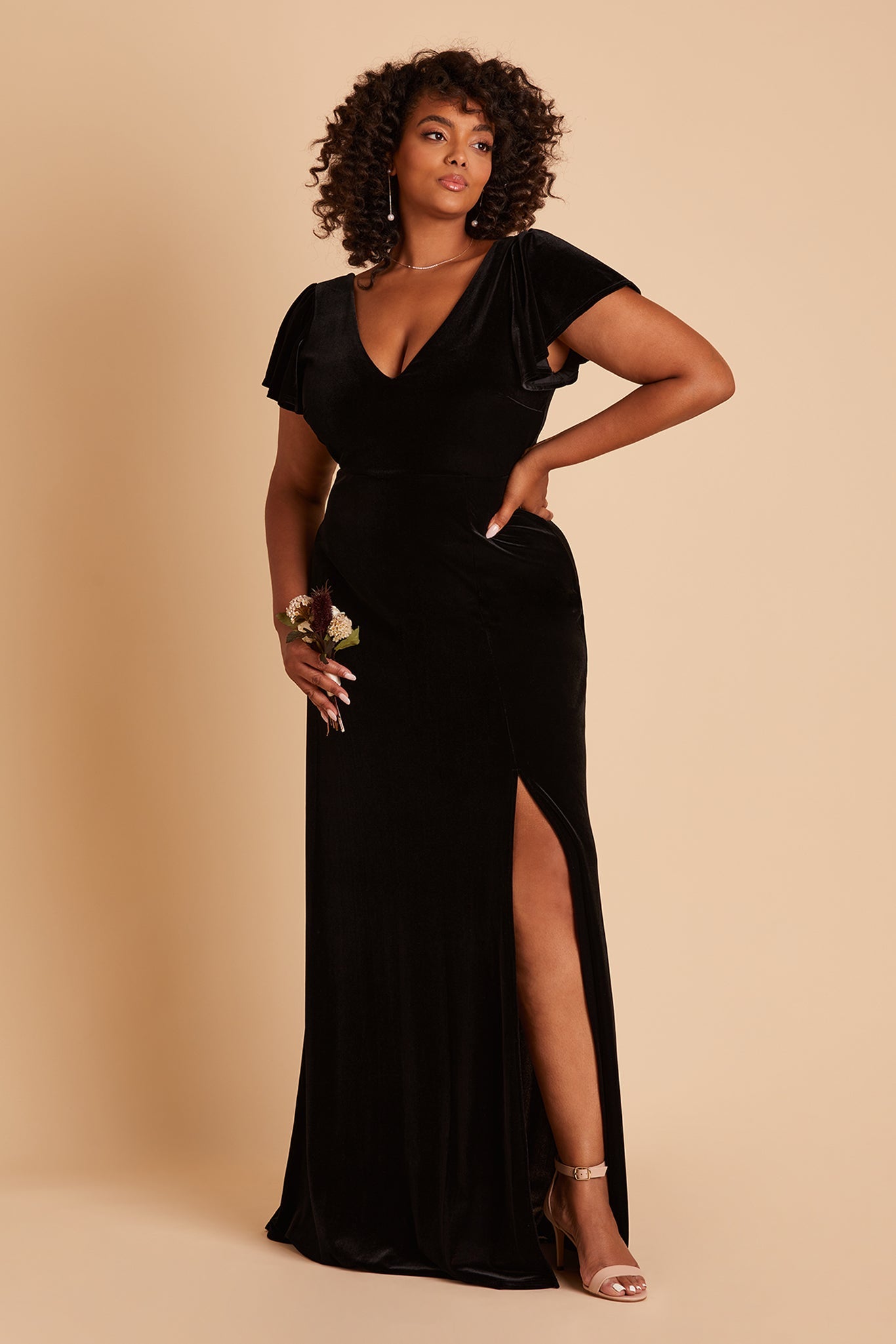 Hannah plus size bridesmaid dress with slit in black velvet by Birdy Grey, front view